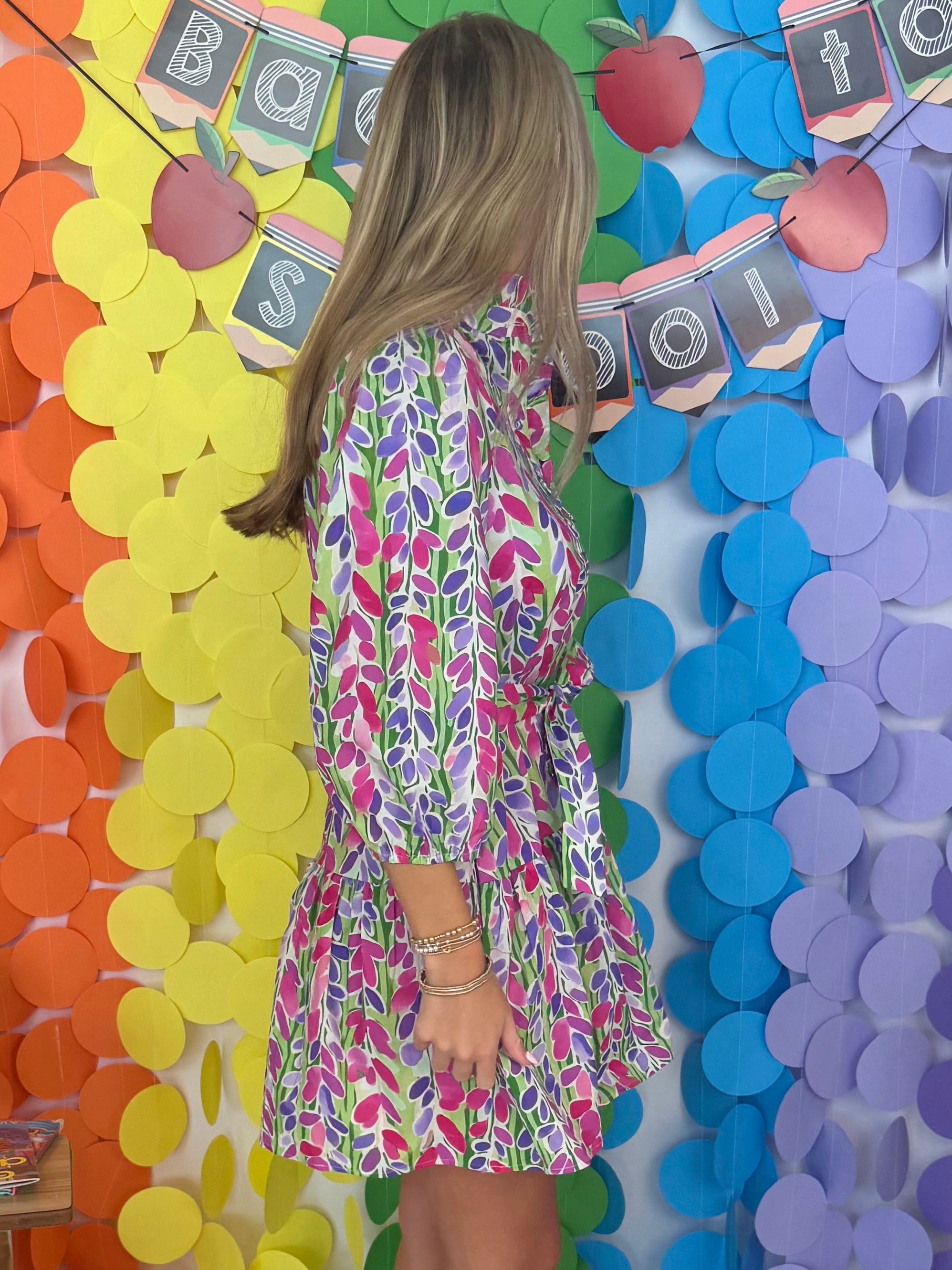 Sweet Talk Green and Pink Botanical Ruffle Neck Belted Dress-Shop-Womens-Boutique-Clothing