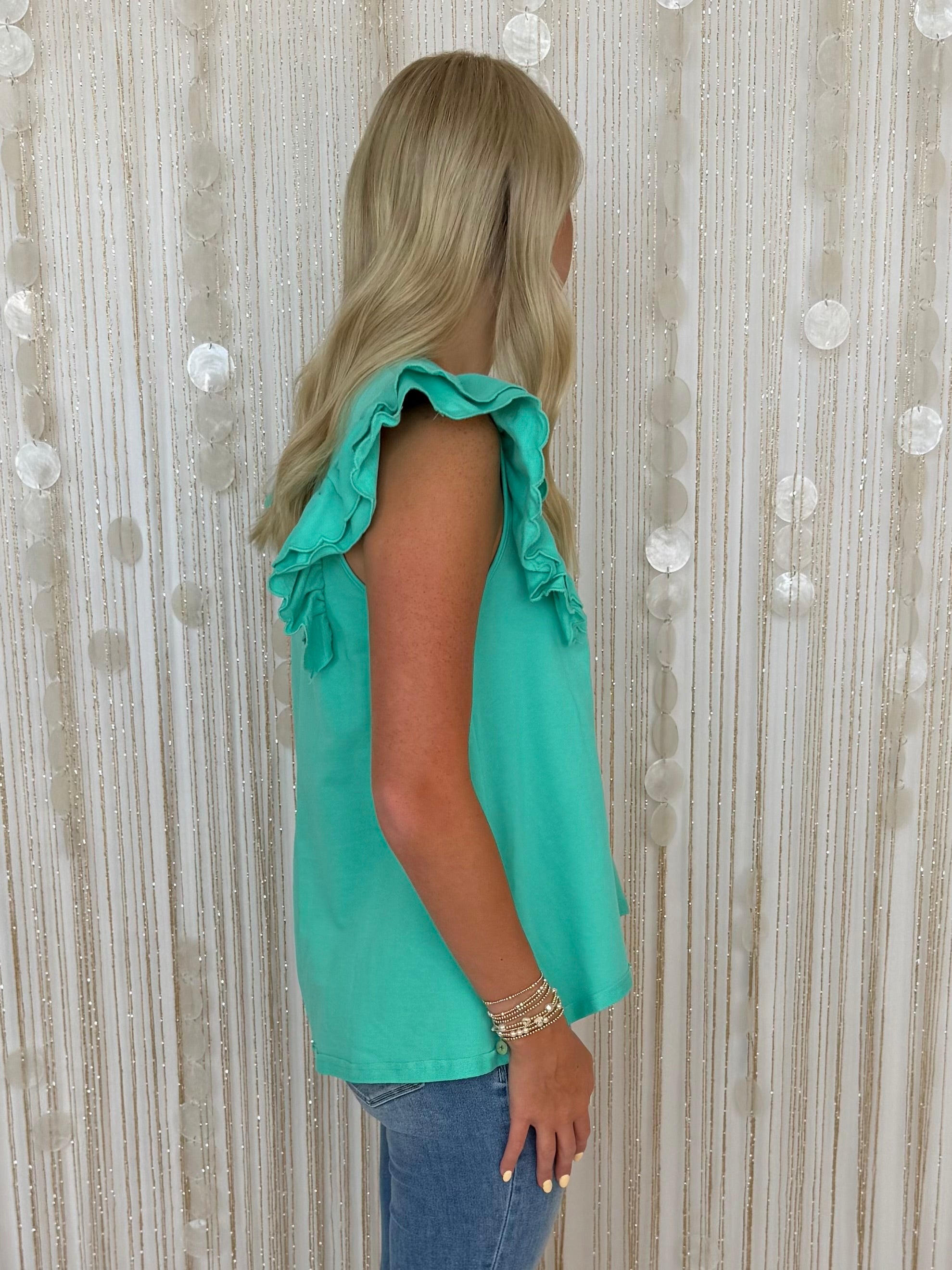 Casual Staple Emerald French Terry Ruffle Sleeve Top-Shop-Womens-Boutique-Clothing