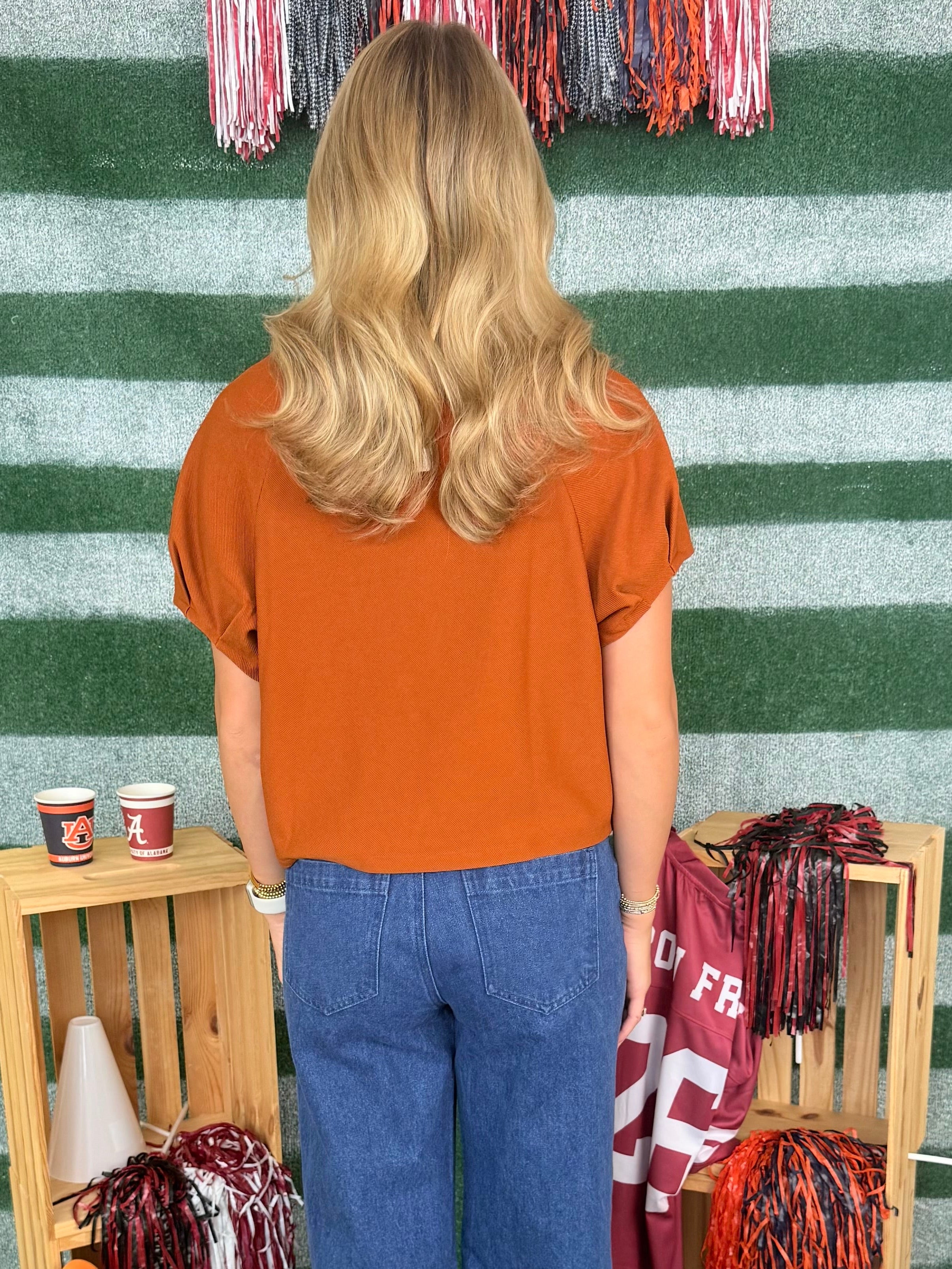 Go Team Go Rust Round Neck Puff Sleeve Top-Shop-Womens-Boutique-Clothing