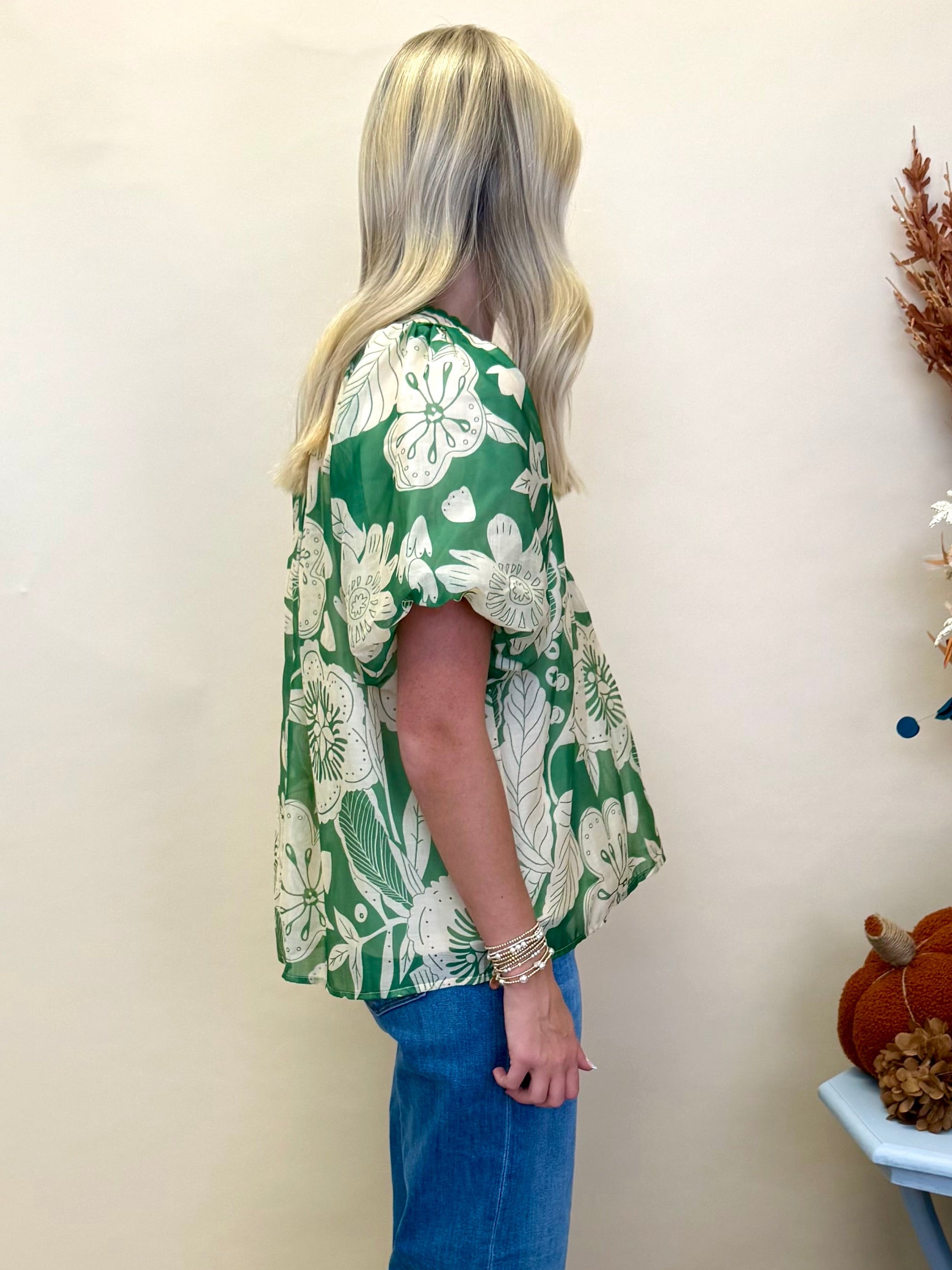 So Freeing Green Floral Contrast Detail Top-Shop-Womens-Boutique-Clothing
