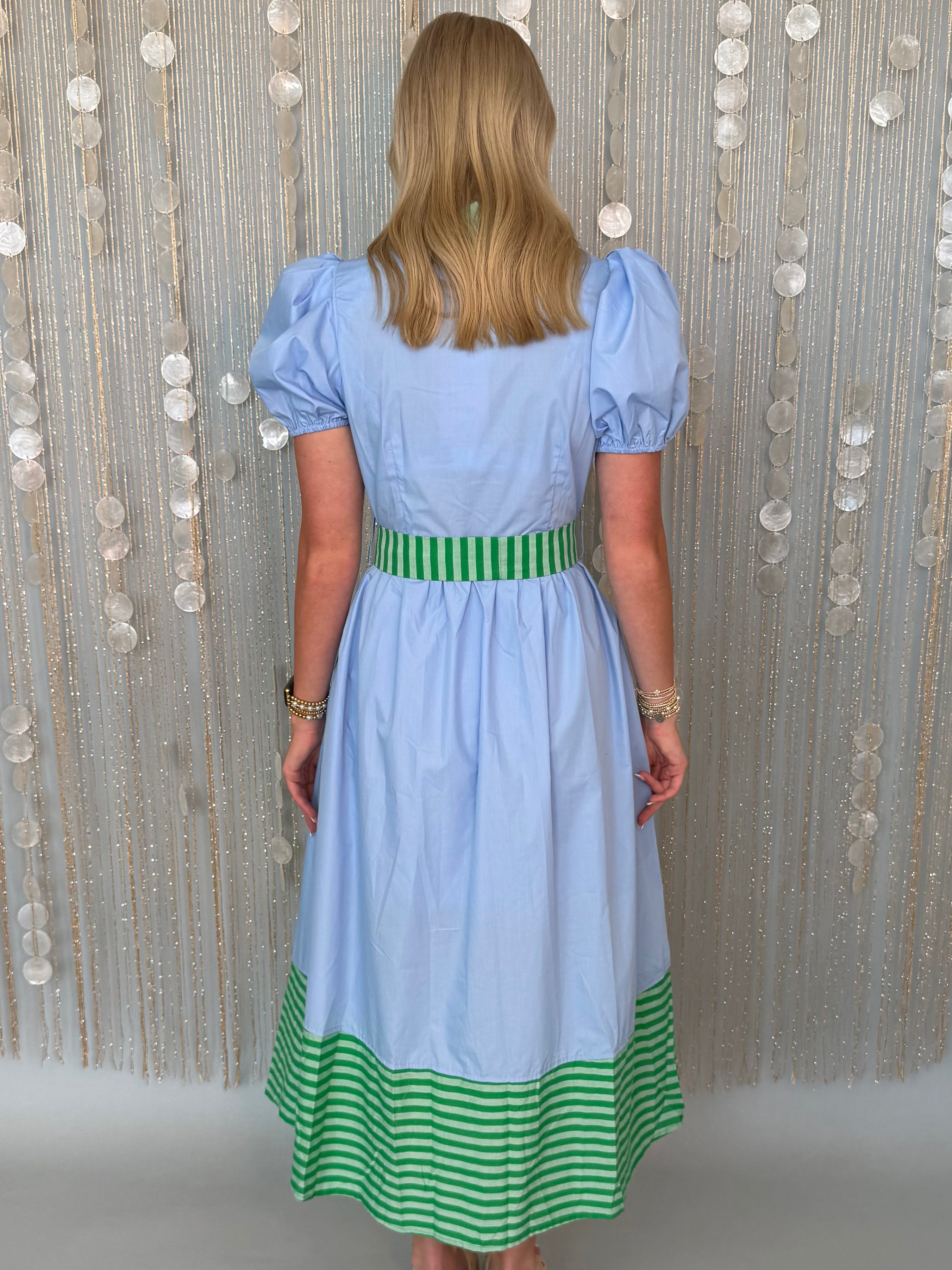 Soft Style Blue Stripe Trim Puff Sleeve Midi Dress-Shop-Womens-Boutique-Clothing