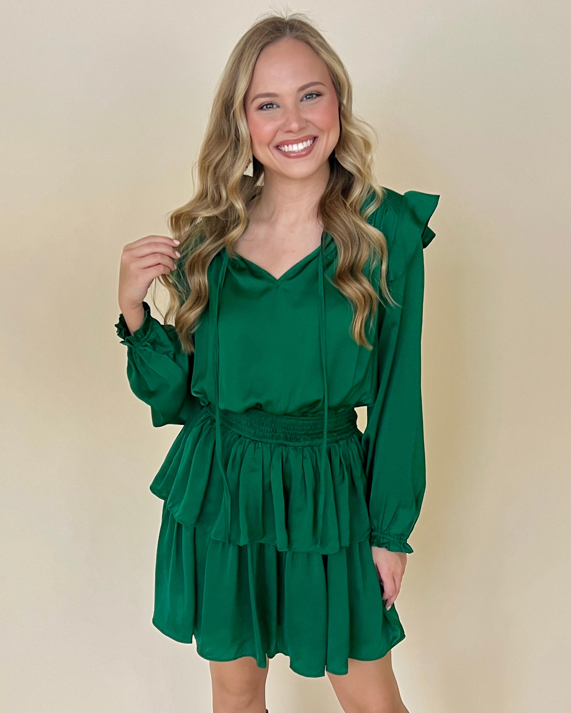 Fall Nights Hunter Green Satin Smocked Ruffle Dress-Shop-Womens-Boutique-Clothing