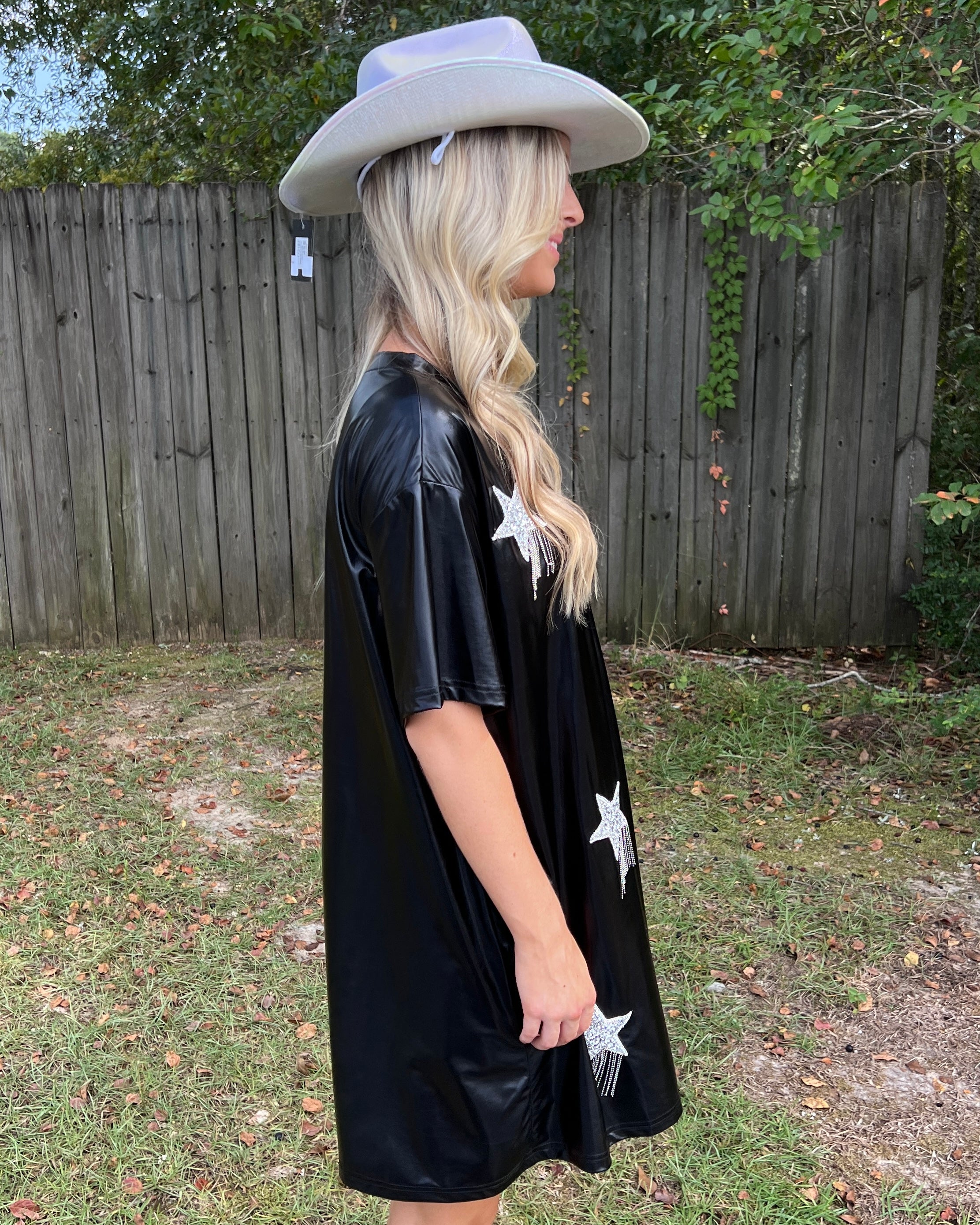 Feeling Fun Black Foil Star Patch T-Shirt Dress-Shop-Womens-Boutique-Clothing