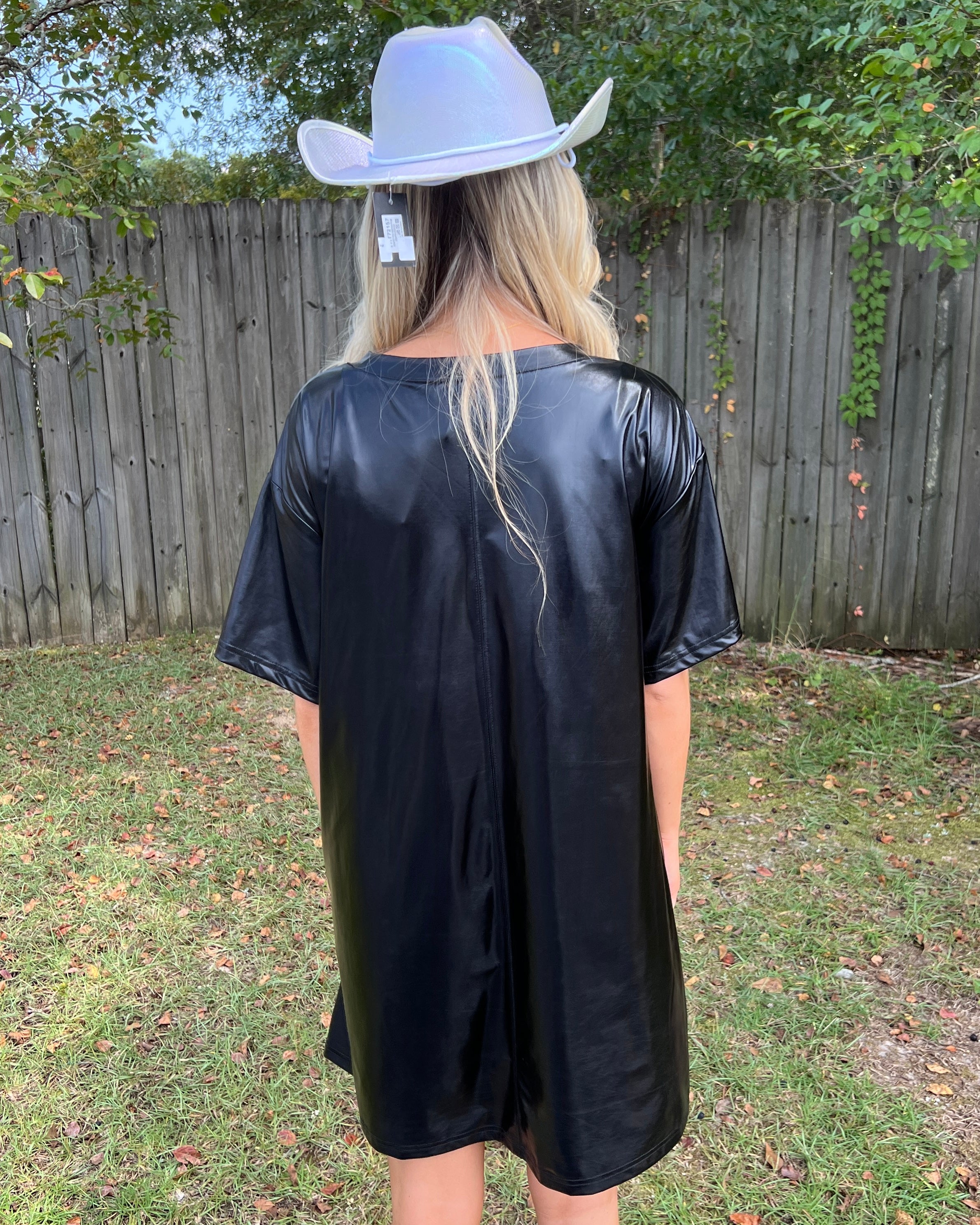 Feeling Fun Black Foil Star Patch T-Shirt Dress-Shop-Womens-Boutique-Clothing