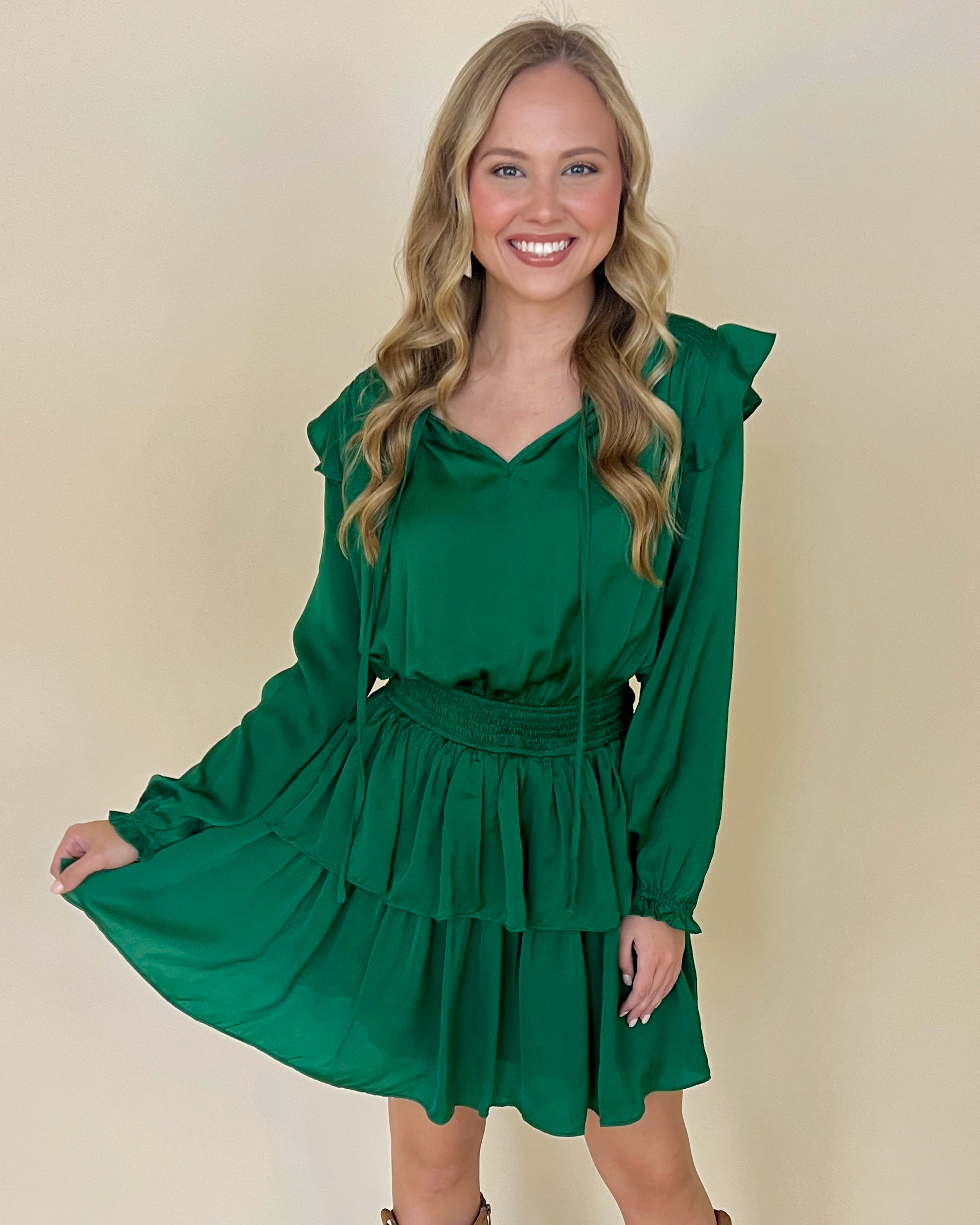 Fall Nights Hunter Green Satin Smocked Ruffle Dress-Shop-Womens-Boutique-Clothing