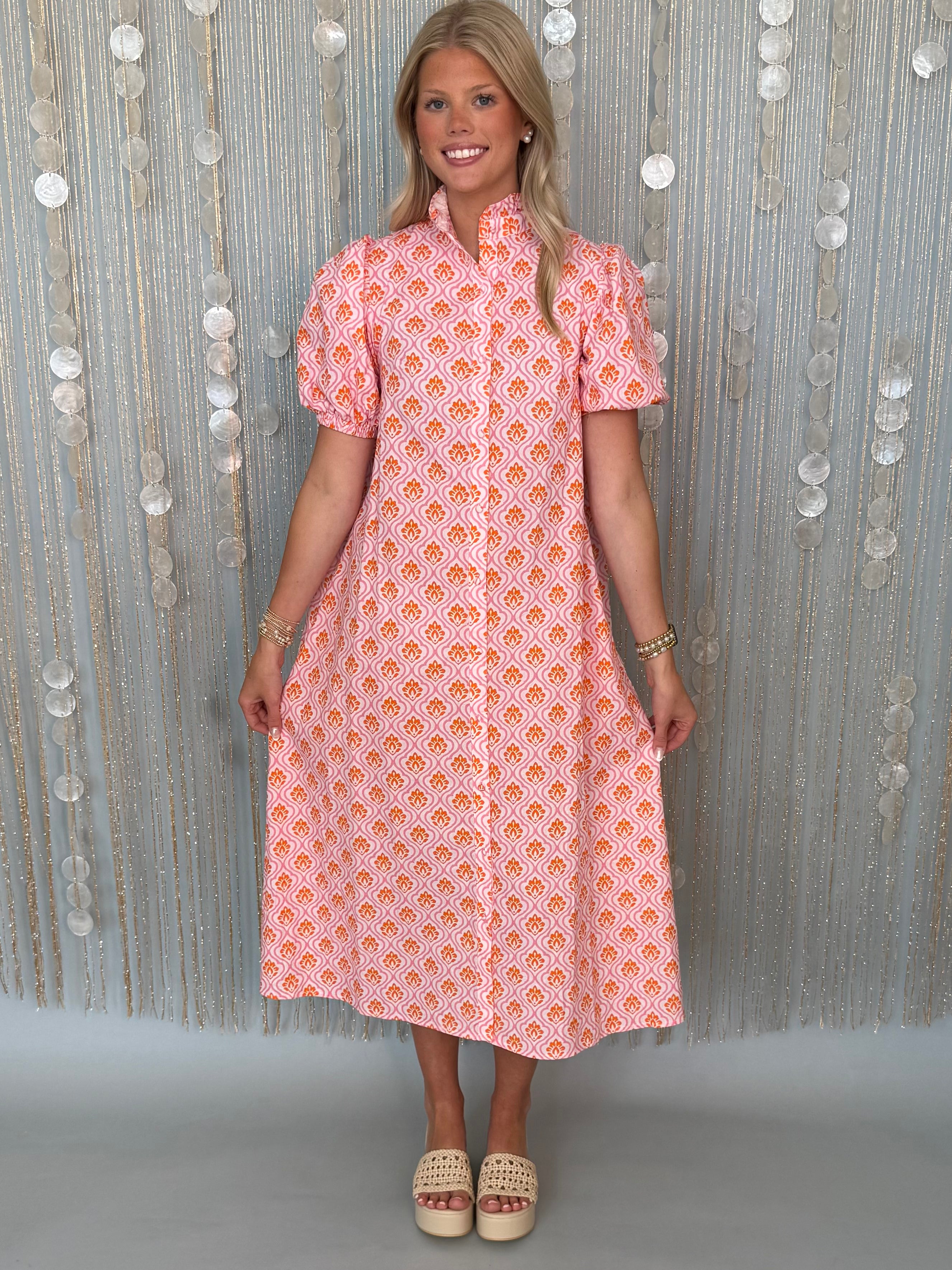 Envy You Pink/Orange Printed Midi Dress-Shop-Womens-Boutique-Clothing