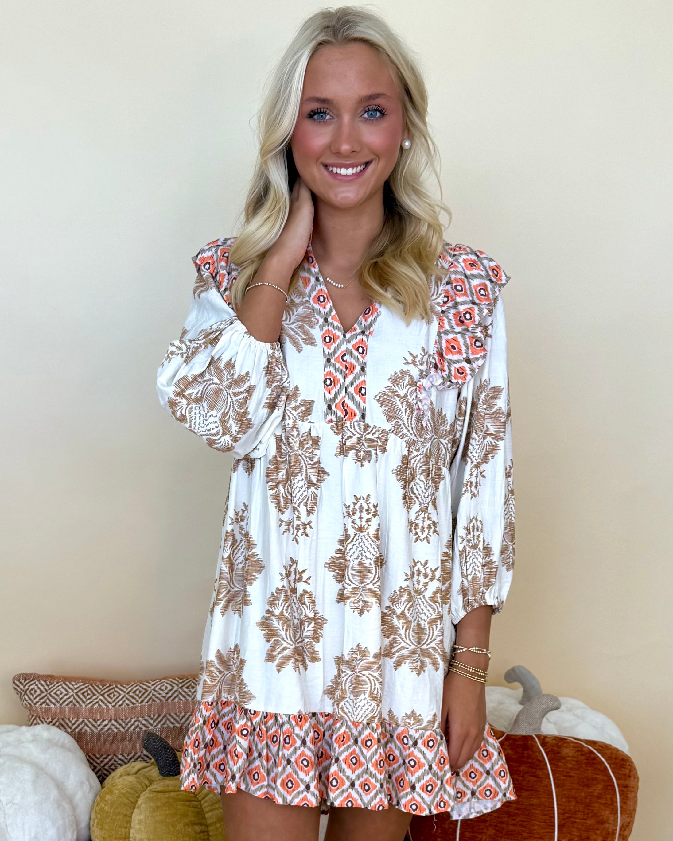 Full Of Life Latte Mix Print Ruffle Dress-Shop-Womens-Boutique-Clothing