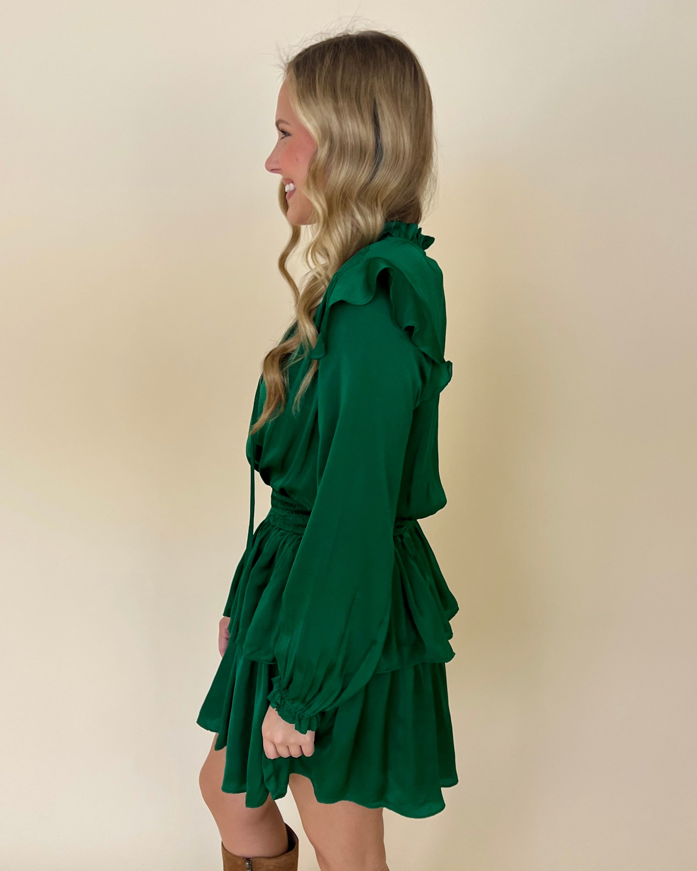 Fall Nights Hunter Green Satin Smocked Ruffle Dress-Shop-Womens-Boutique-Clothing