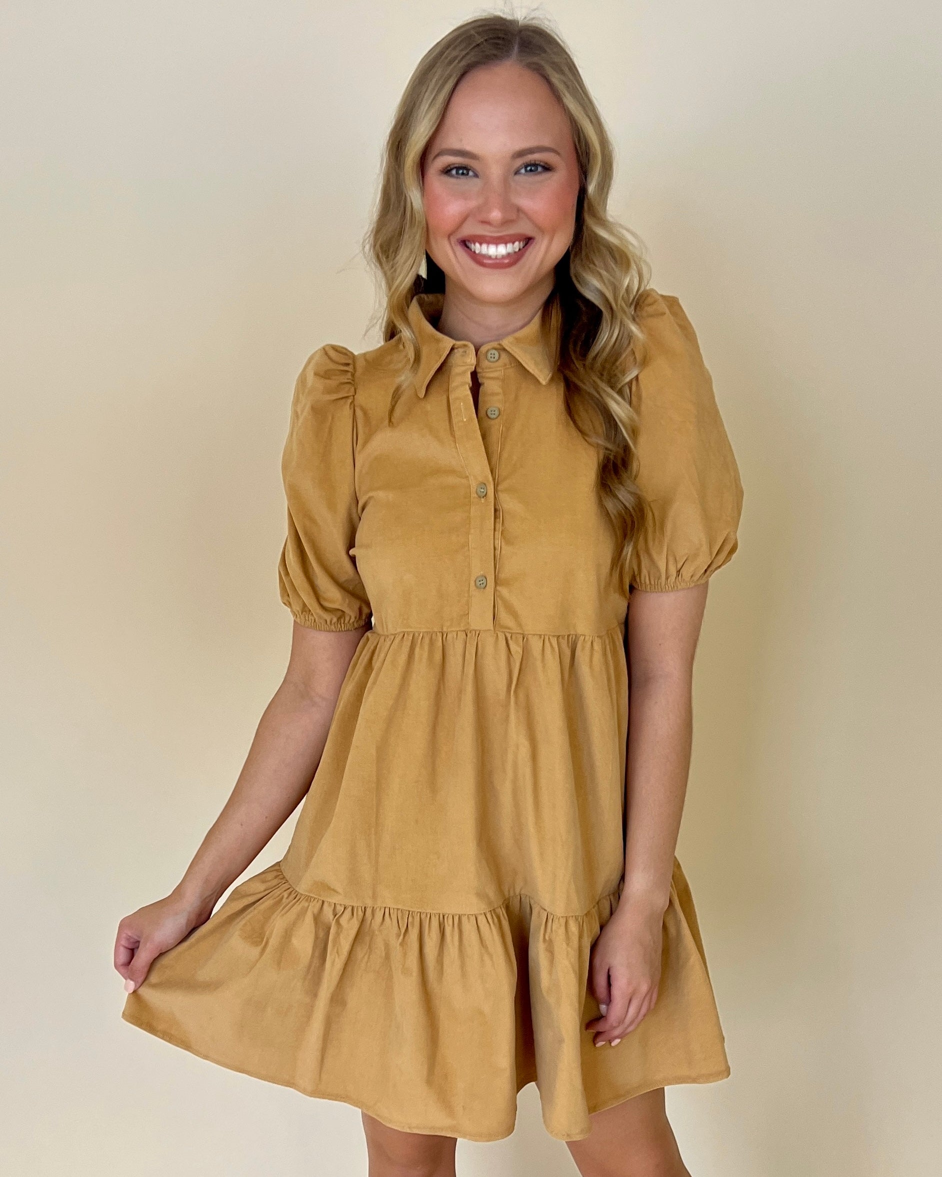 Dropping By Camel Corduroy Ruffle Dress-Shop-Womens-Boutique-Clothing