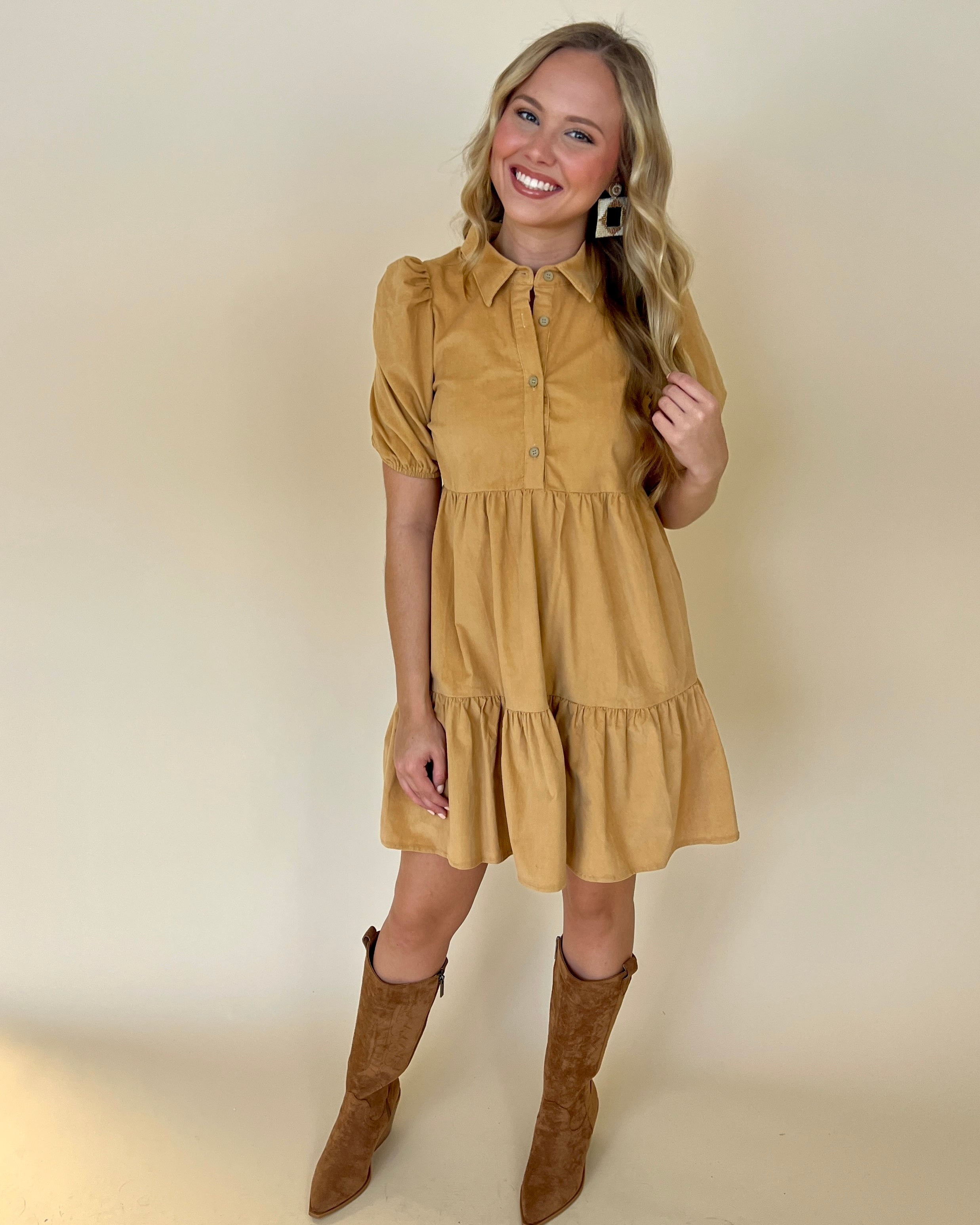 Dropping By Camel Corduroy Ruffle Dress-Shop-Womens-Boutique-Clothing