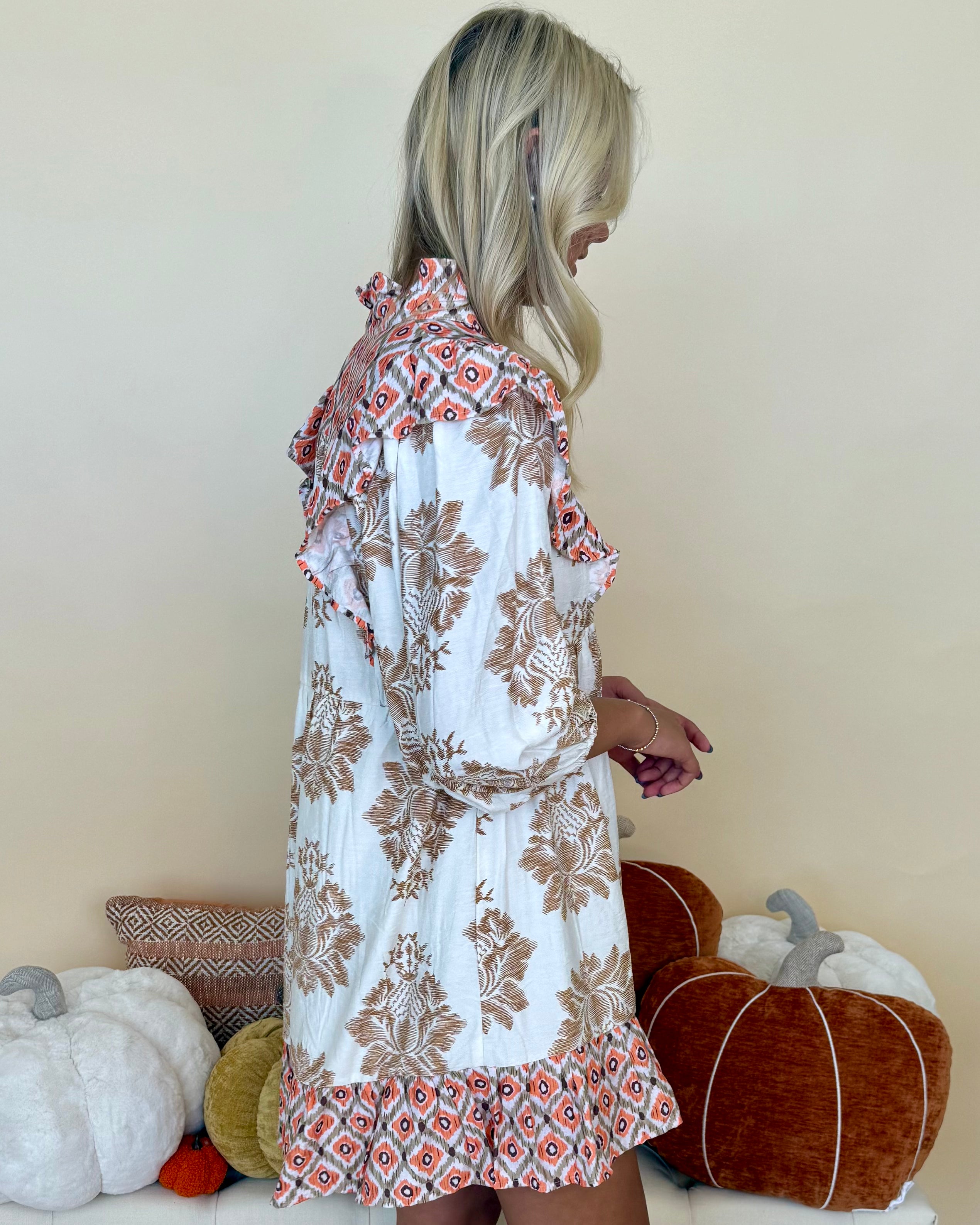 Full Of Life Latte Mix Print Ruffle Dress-Shop-Womens-Boutique-Clothing