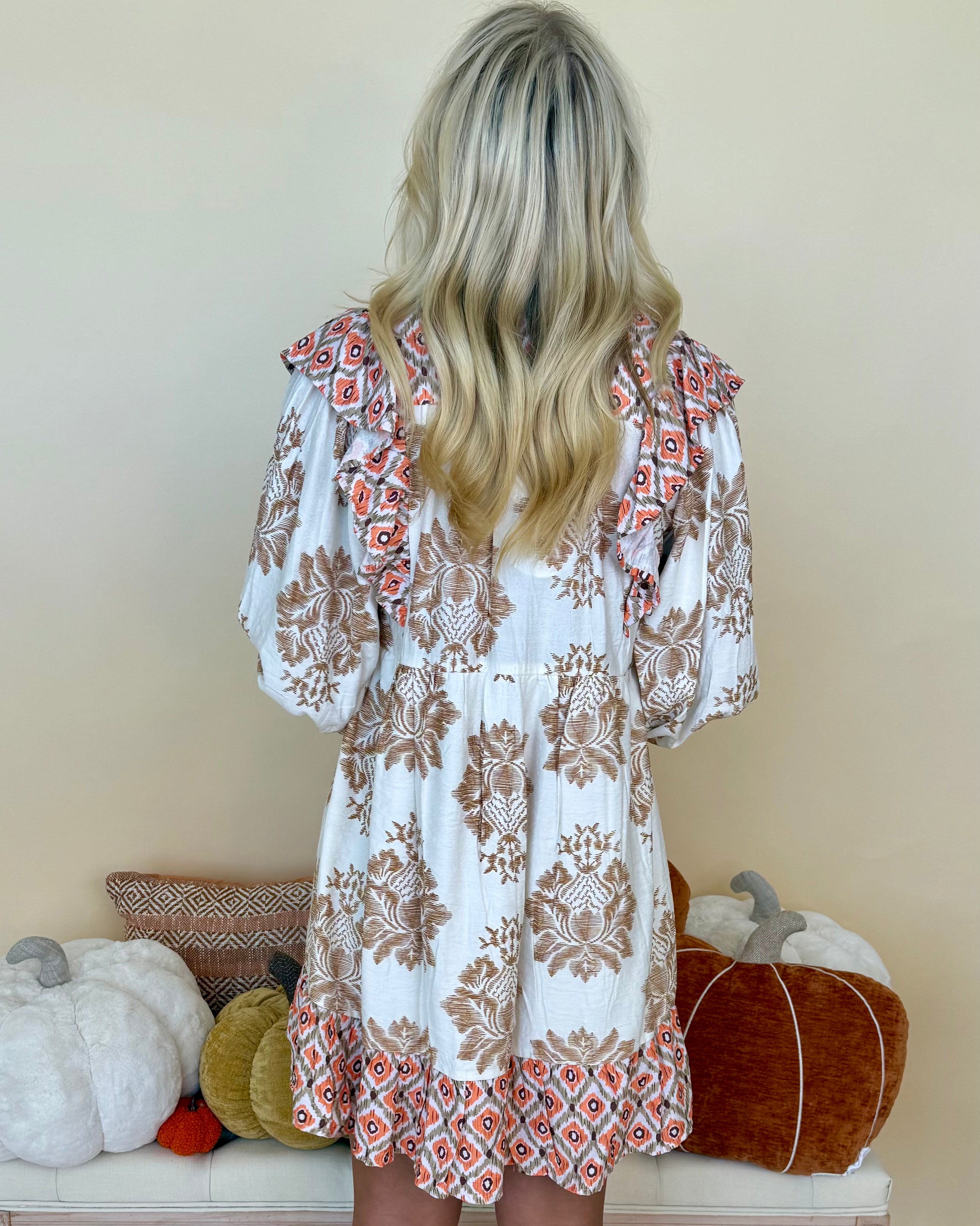 Full Of Life Latte Mix Print Ruffle Dress-Shop-Womens-Boutique-Clothing