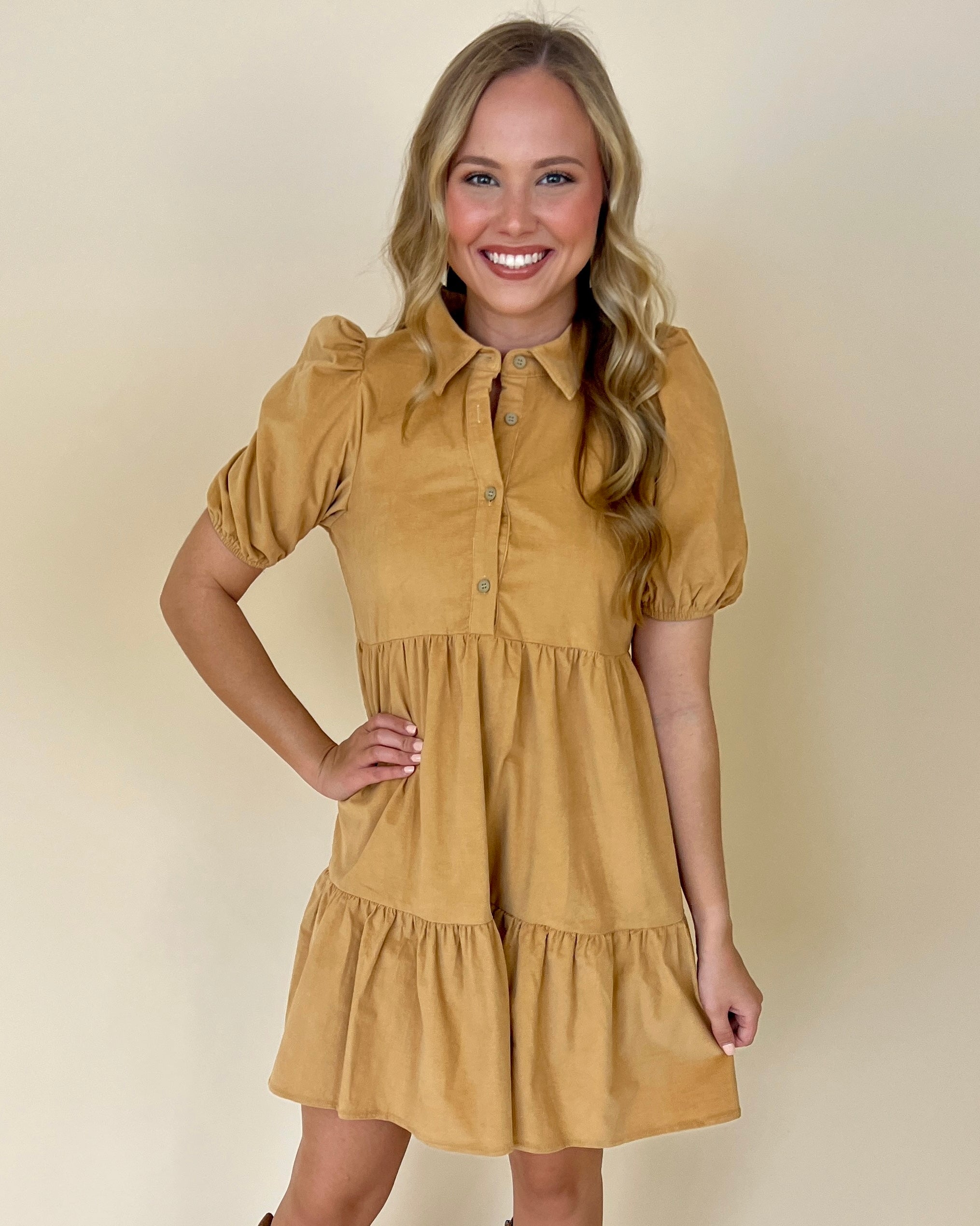 Dropping By Camel Corduroy Ruffle Dress-Shop-Womens-Boutique-Clothing