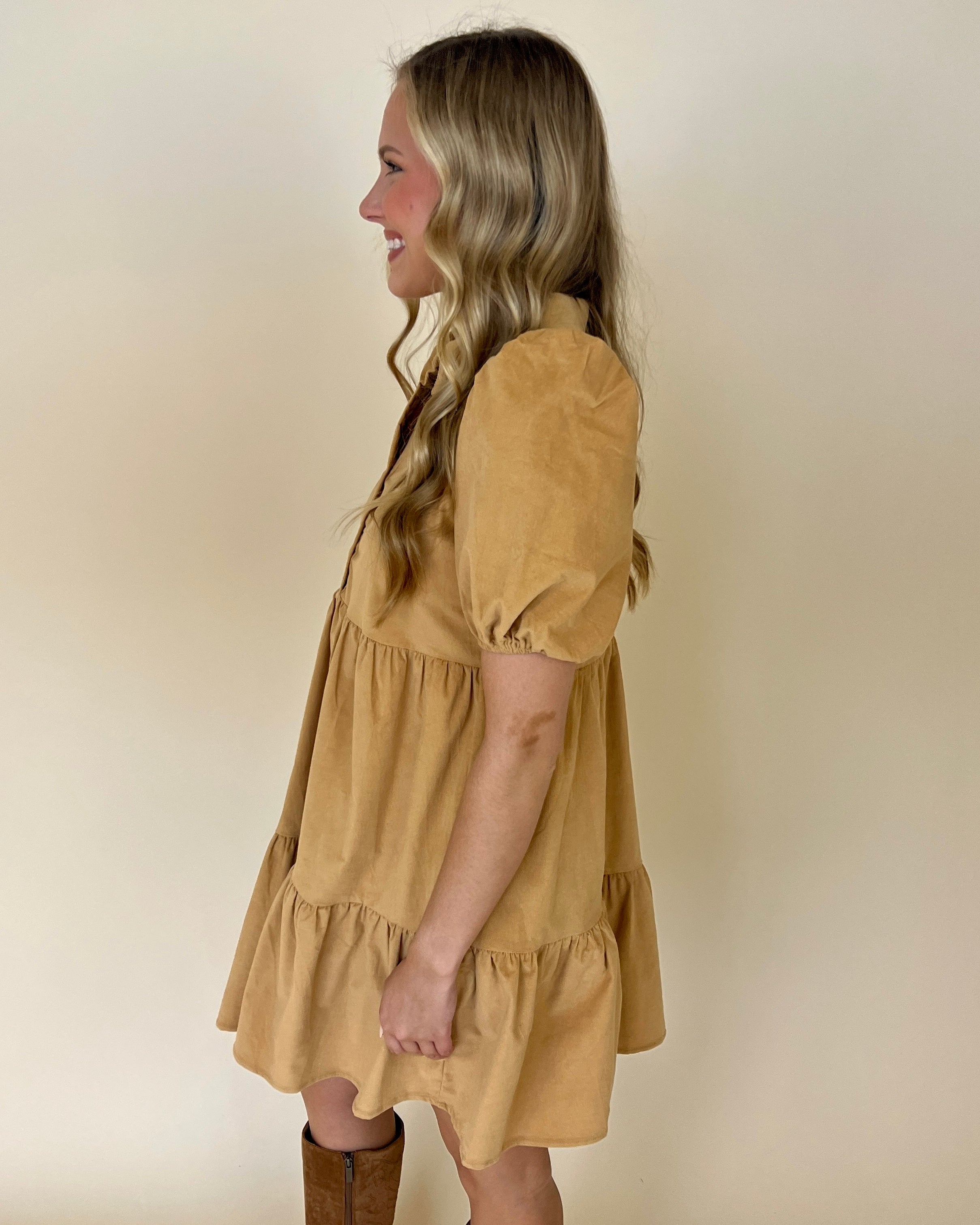 Dropping By Camel Corduroy Ruffle Dress-Shop-Womens-Boutique-Clothing