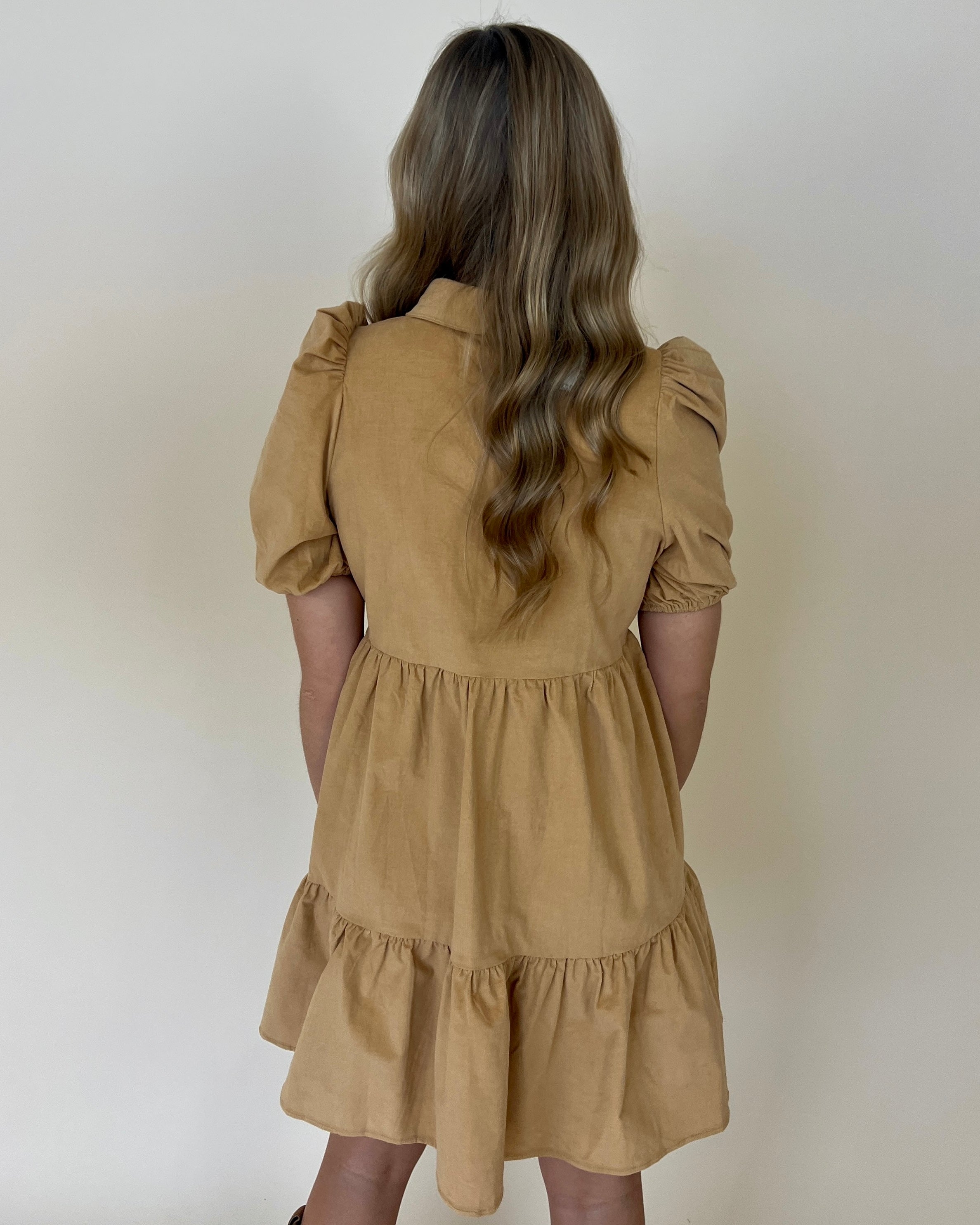Dropping By Camel Corduroy Ruffle Dress-Shop-Womens-Boutique-Clothing