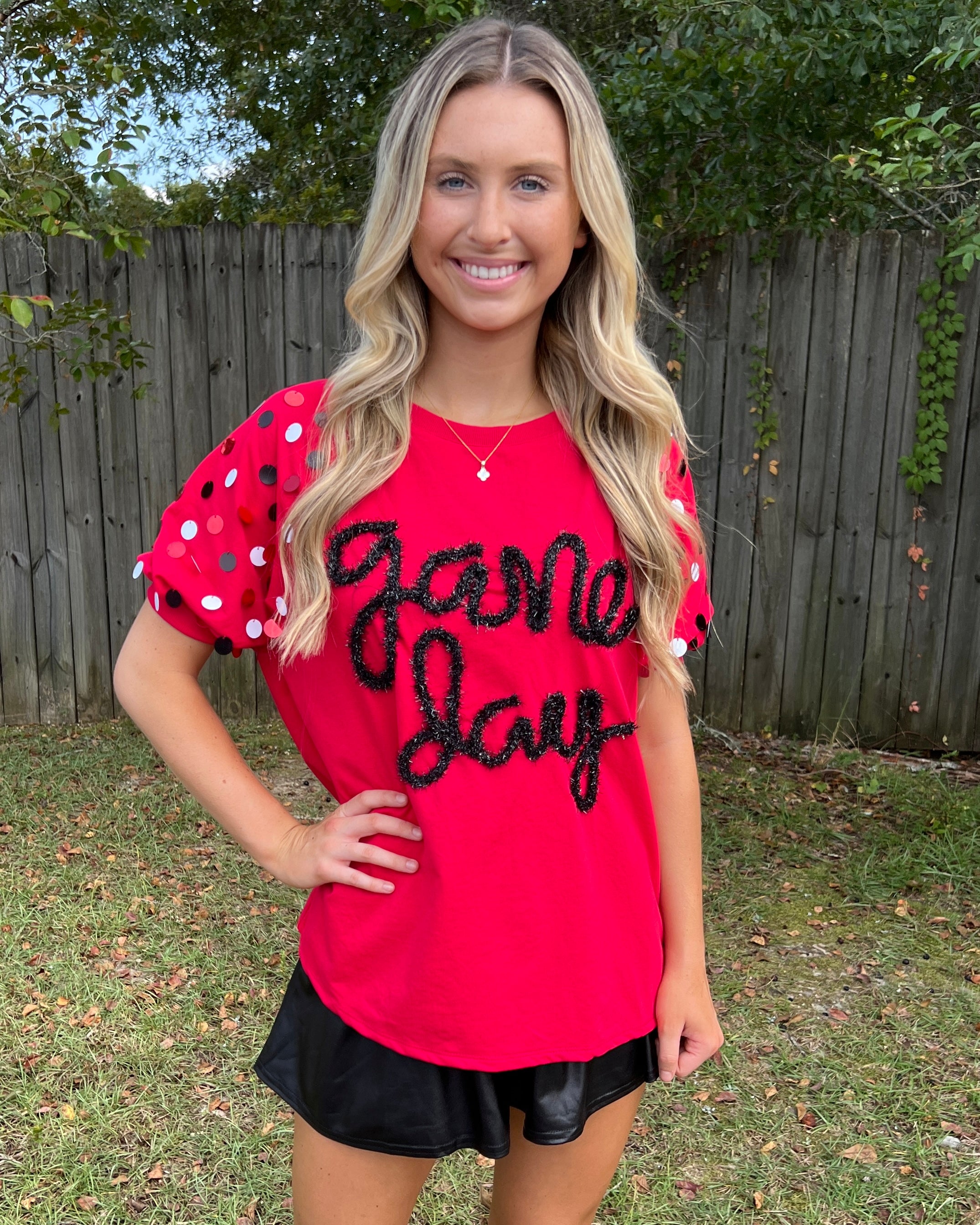 Can't Hold Back Red Game Day Metallic Puff Sleeve Top-Shop-Womens-Boutique-Clothing