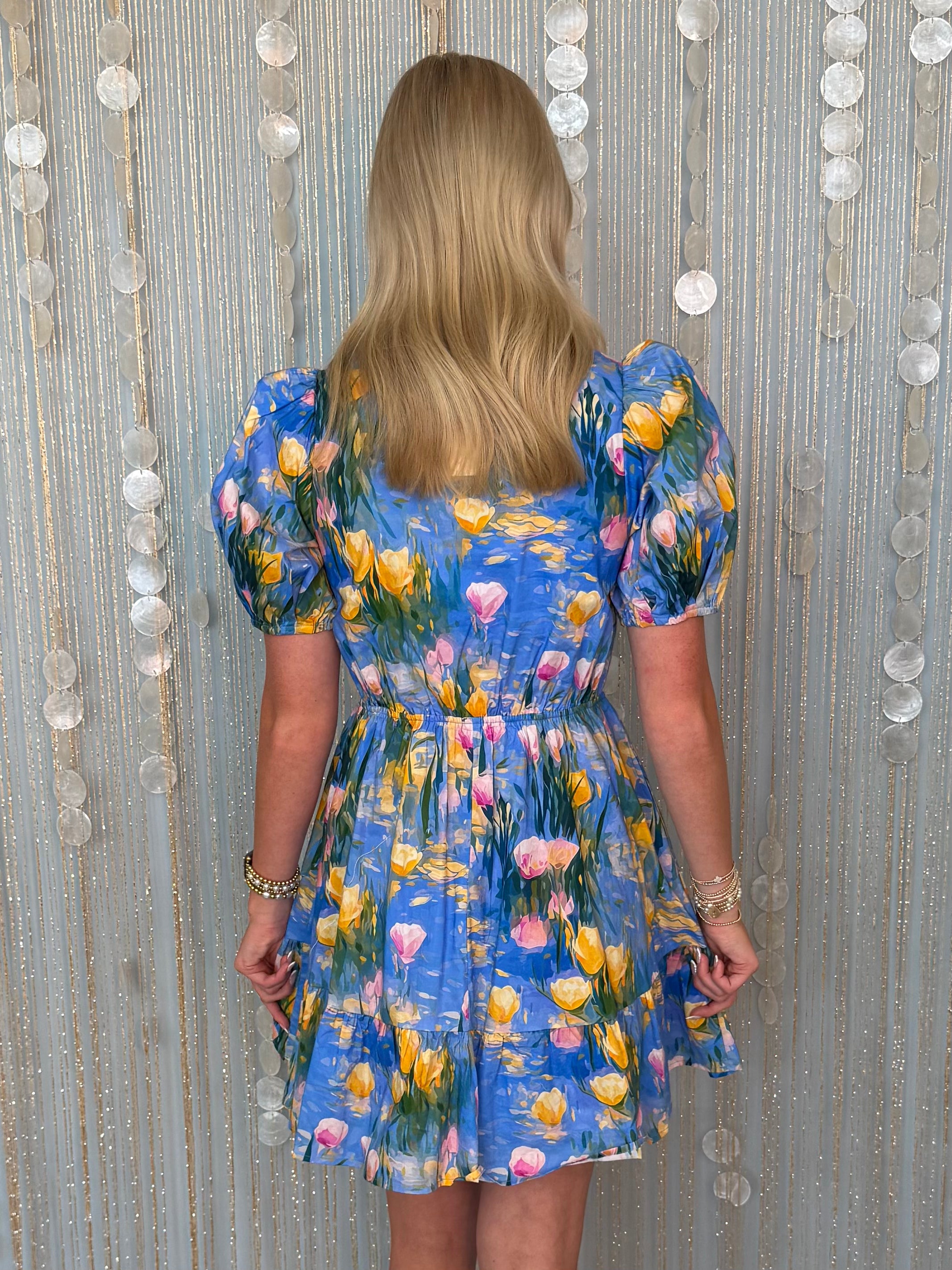 Coastal Strolls Blue Botanical Ruffle Dress-Shop-Womens-Boutique-Clothing
