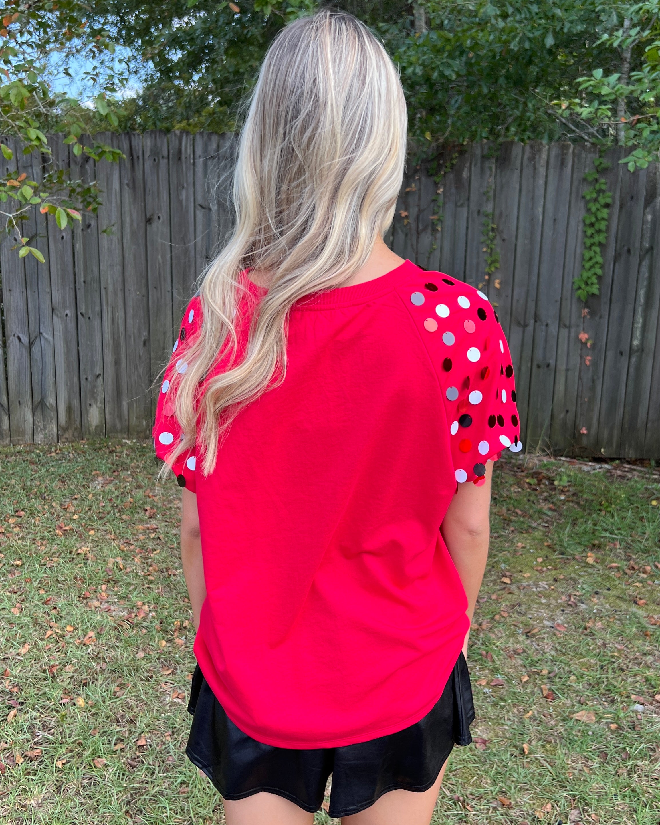 Can't Hold Back Red Game Day Metallic Puff Sleeve Top-Shop-Womens-Boutique-Clothing