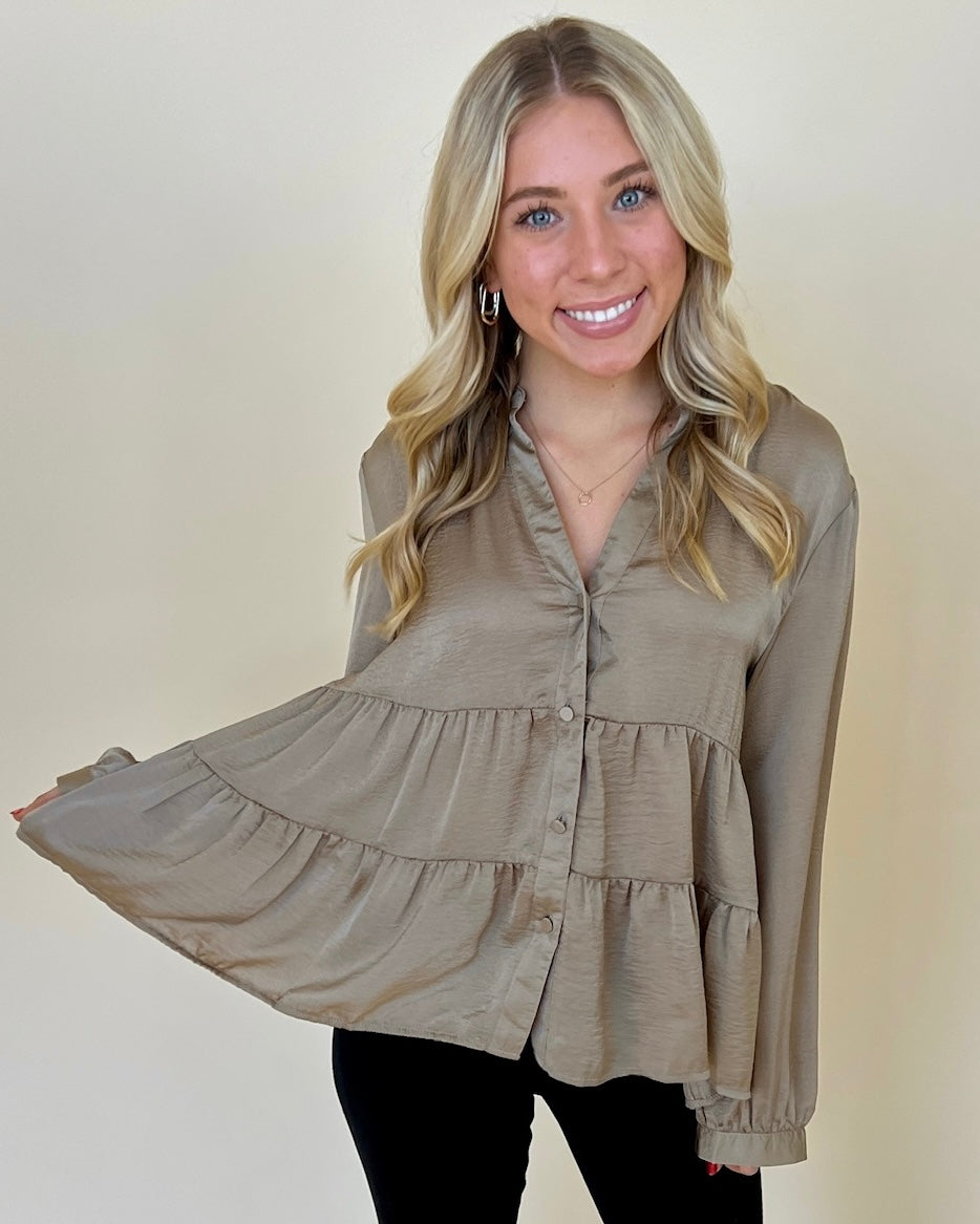 Back Together Taupe Satin Button Top-Shop-Womens-Boutique-Clothing