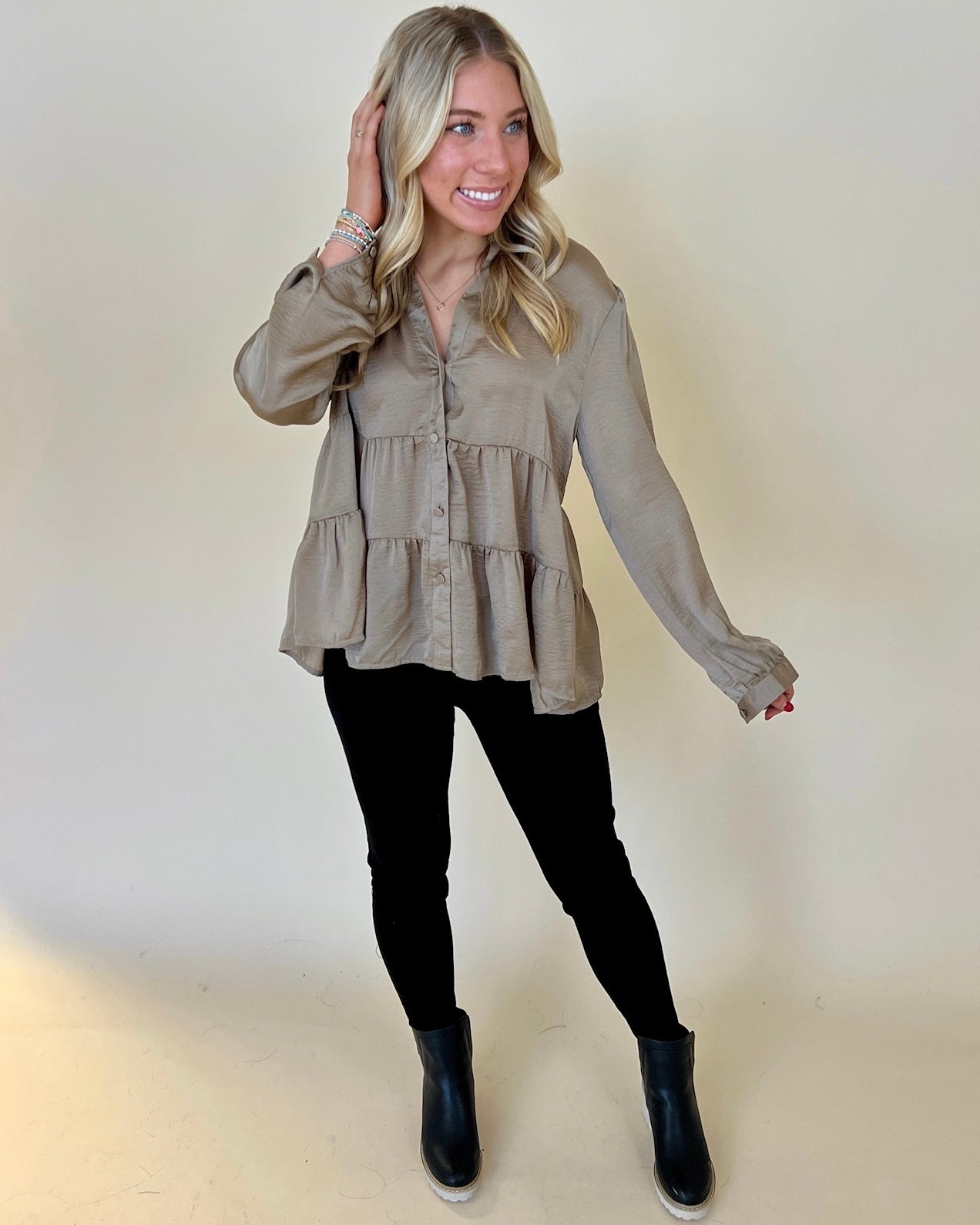 Back Together Taupe Satin Button Top-Shop-Womens-Boutique-Clothing