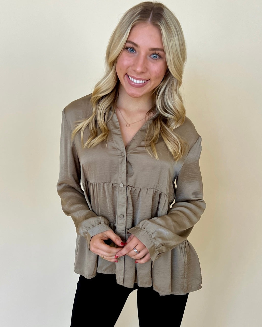 Back Together Taupe Satin Button Top-Shop-Womens-Boutique-Clothing