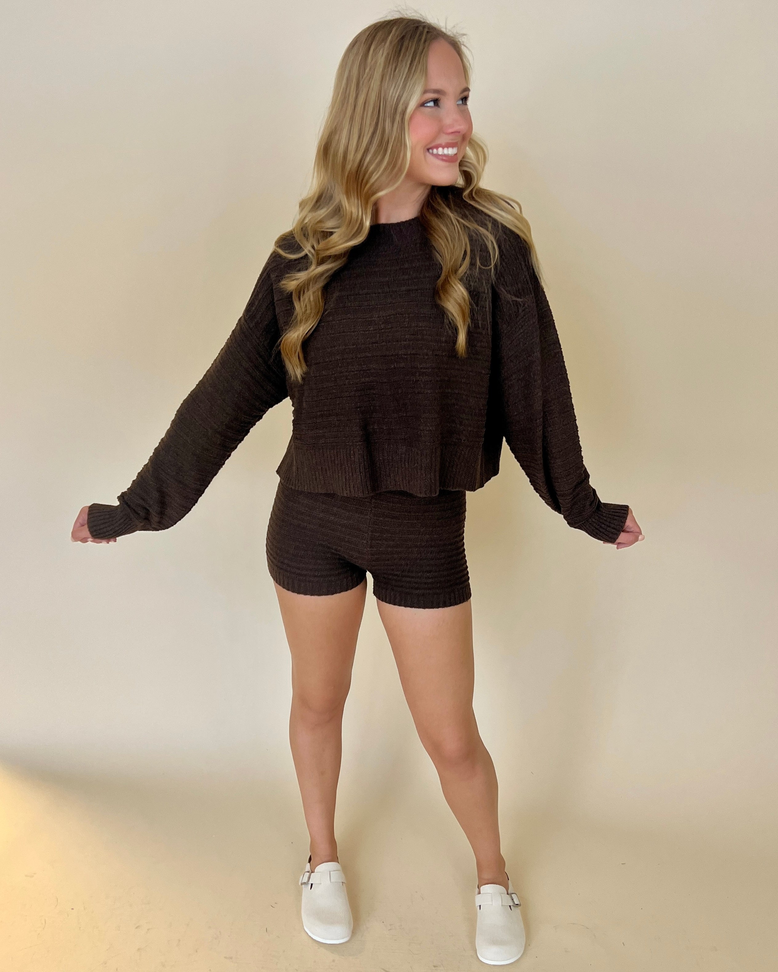 Two Is A Party Dark Chocolate Ribbed Sweater and Shorts Set-Shop-Womens-Boutique-Clothing