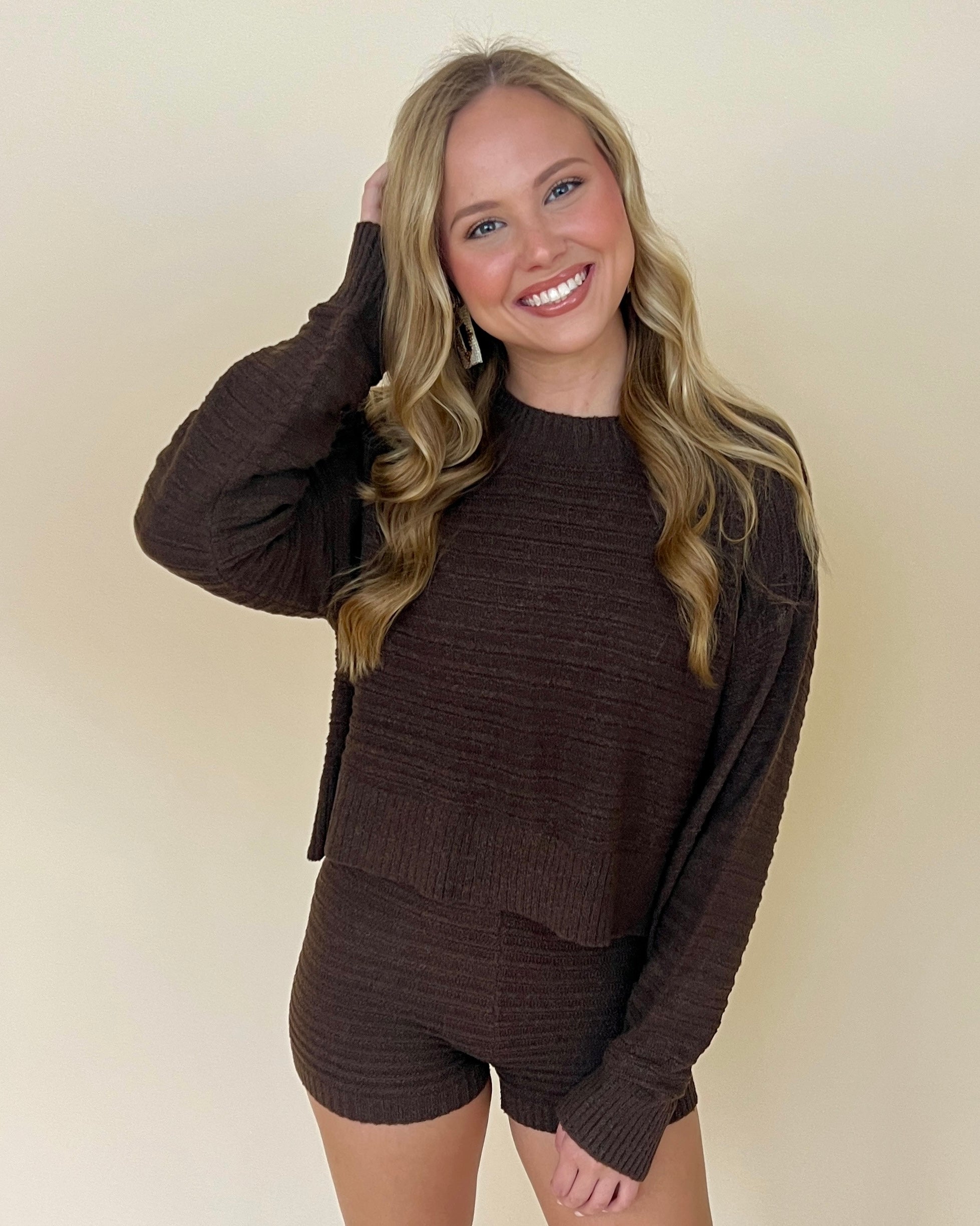 Two Is A Party Dark Chocolate Ribbed Sweater and Shorts Set-Shop-Womens-Boutique-Clothing