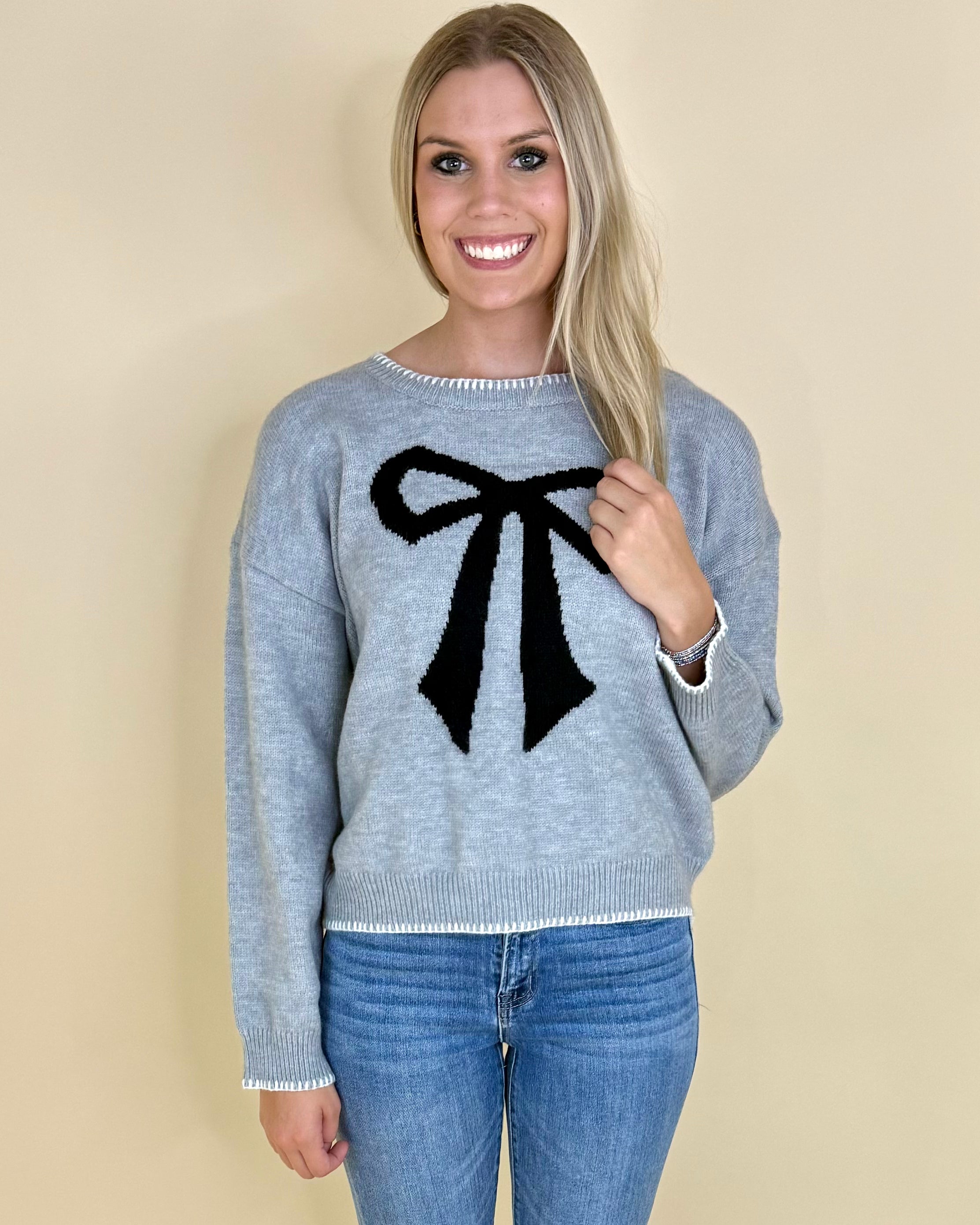 Sweet Nothings H Grey Bow Sweater-Shop-Womens-Boutique-Clothing