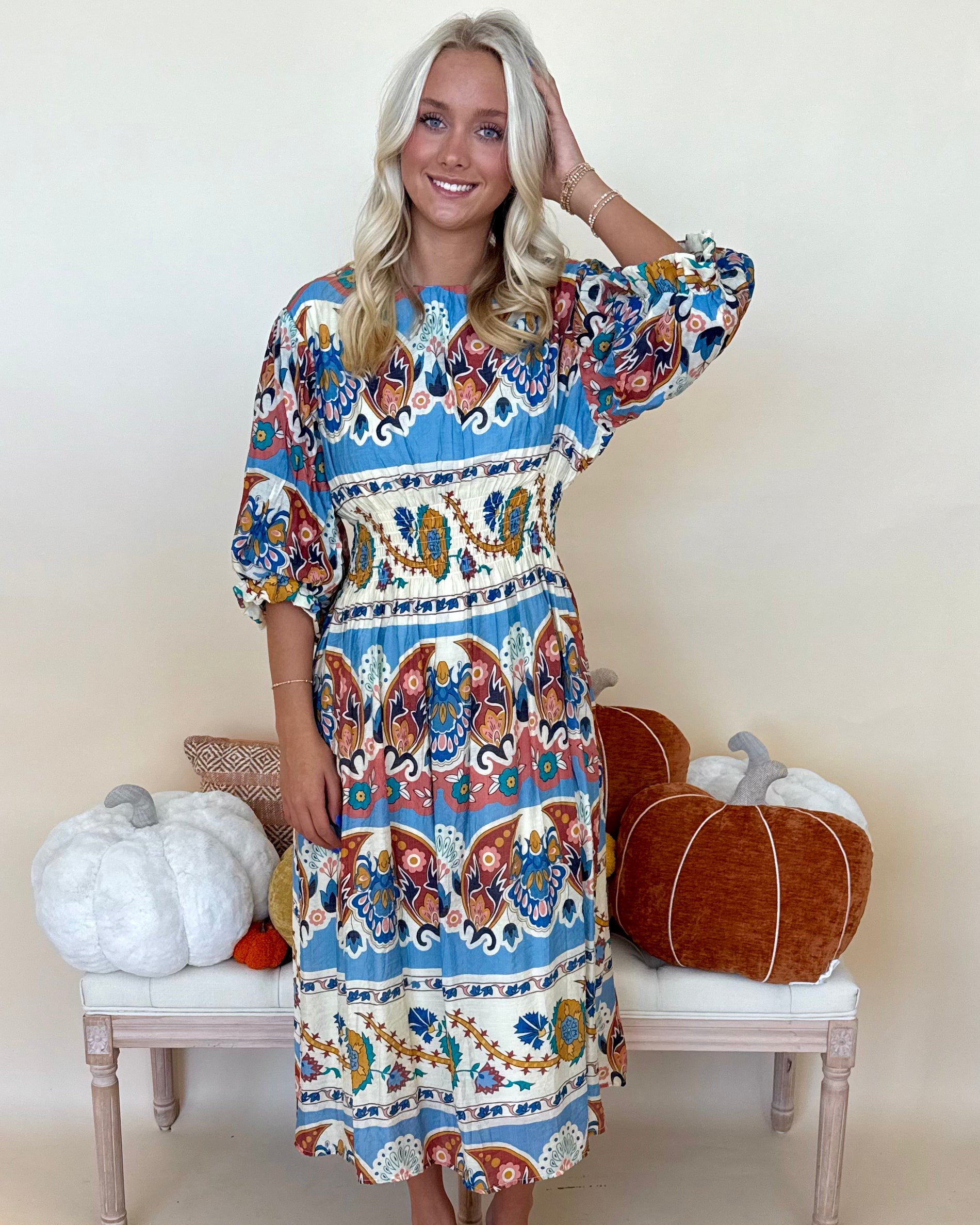 Fresh Horizon Blue Mix Floral Smocked Midi Dress-Shop-Womens-Boutique-Clothing
