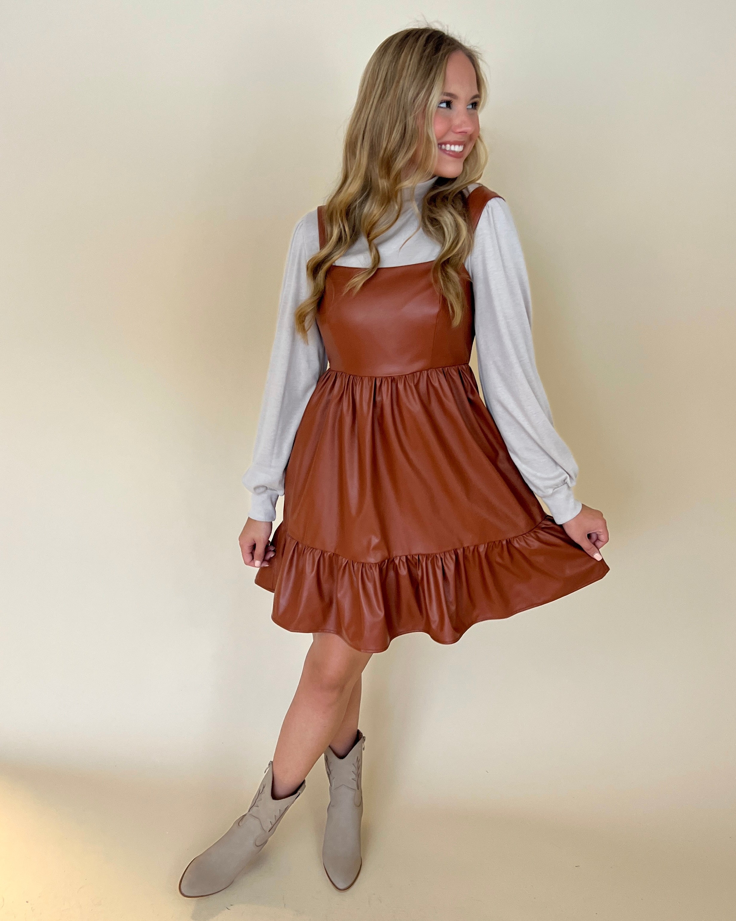 Too Good Camel Faux Leather Ruffle Dress-Shop-Womens-Boutique-Clothing