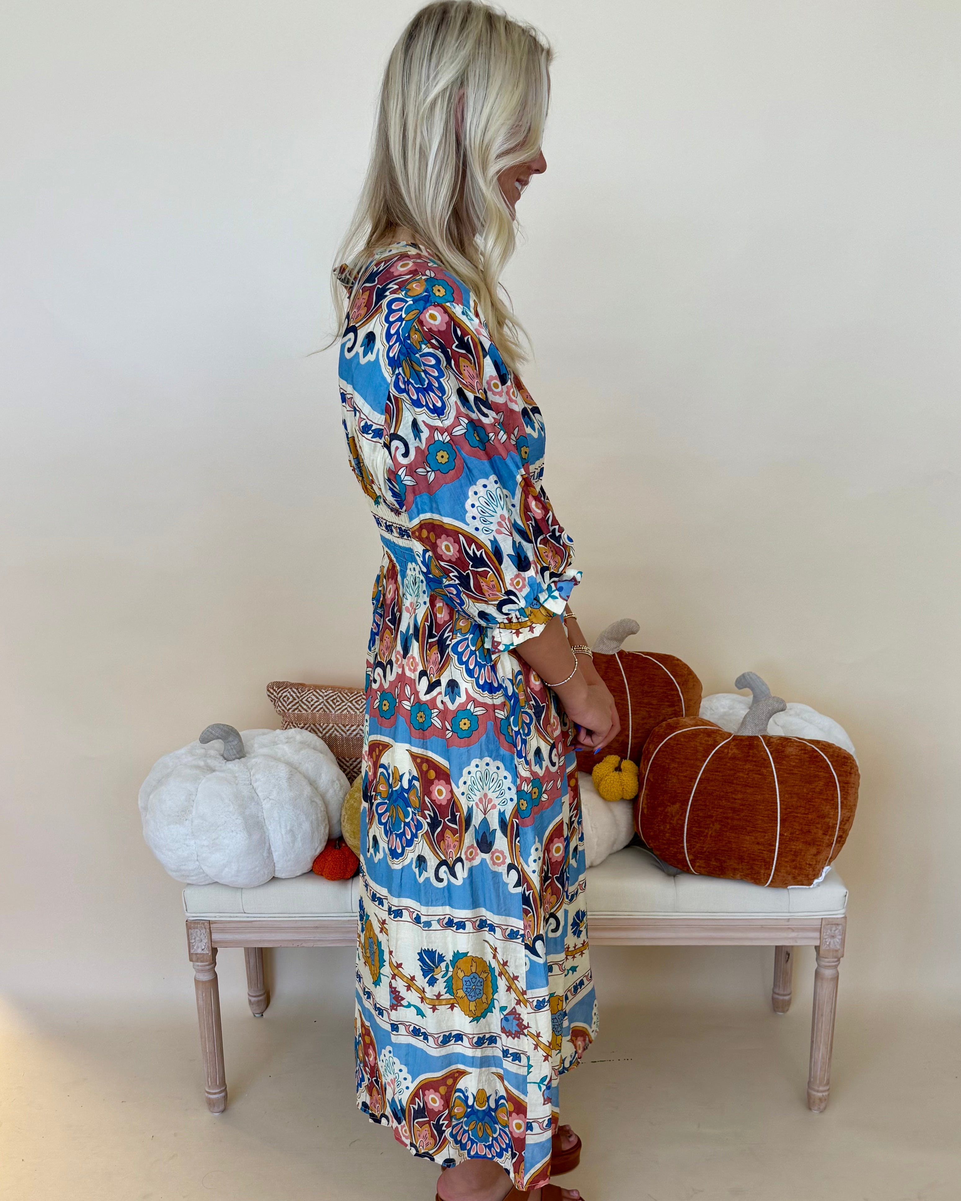 Fresh Horizon Blue Mix Floral Smocked Midi Dress-Shop-Womens-Boutique-Clothing