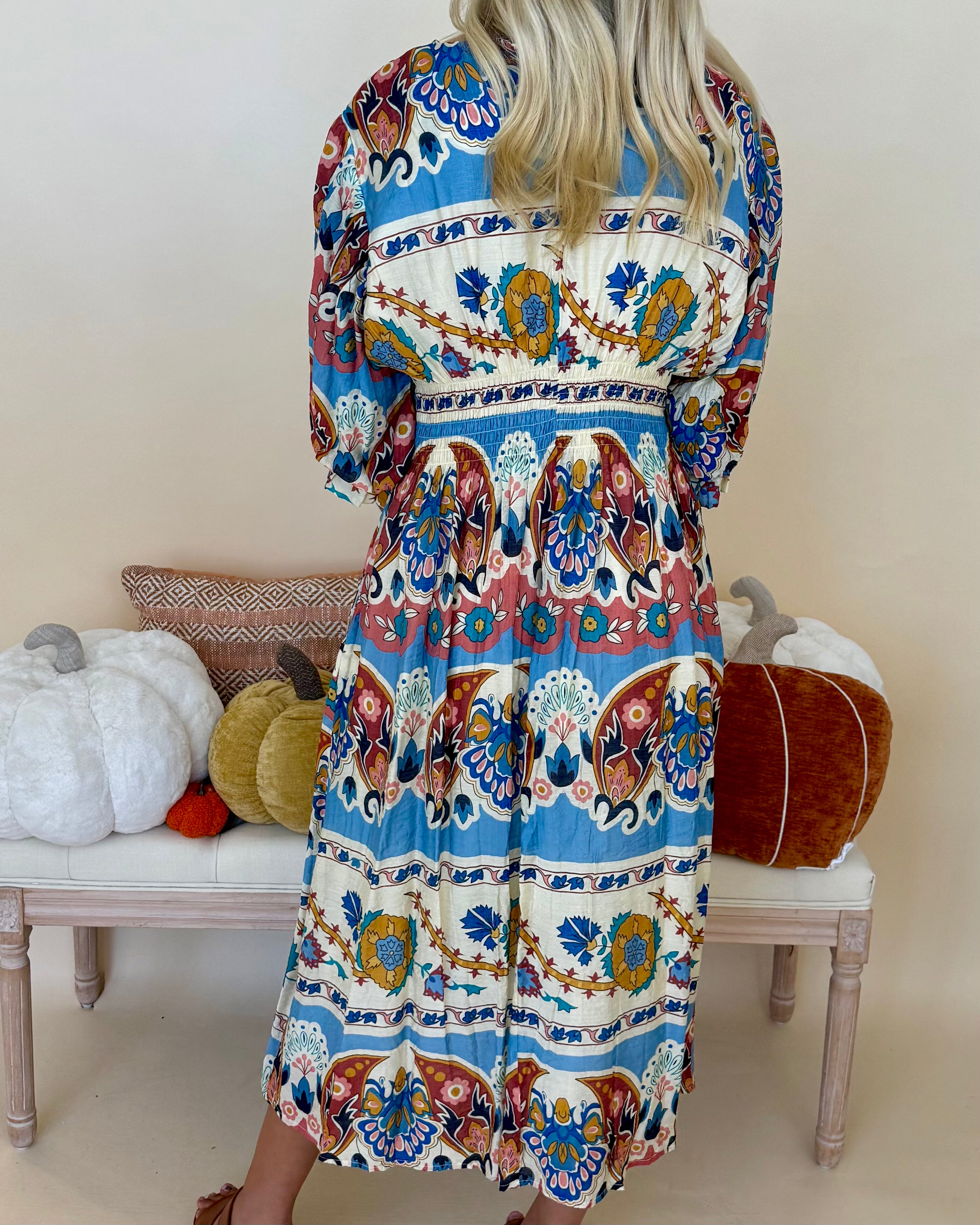 Fresh Horizon Blue Mix Floral Smocked Midi Dress-Shop-Womens-Boutique-Clothing
