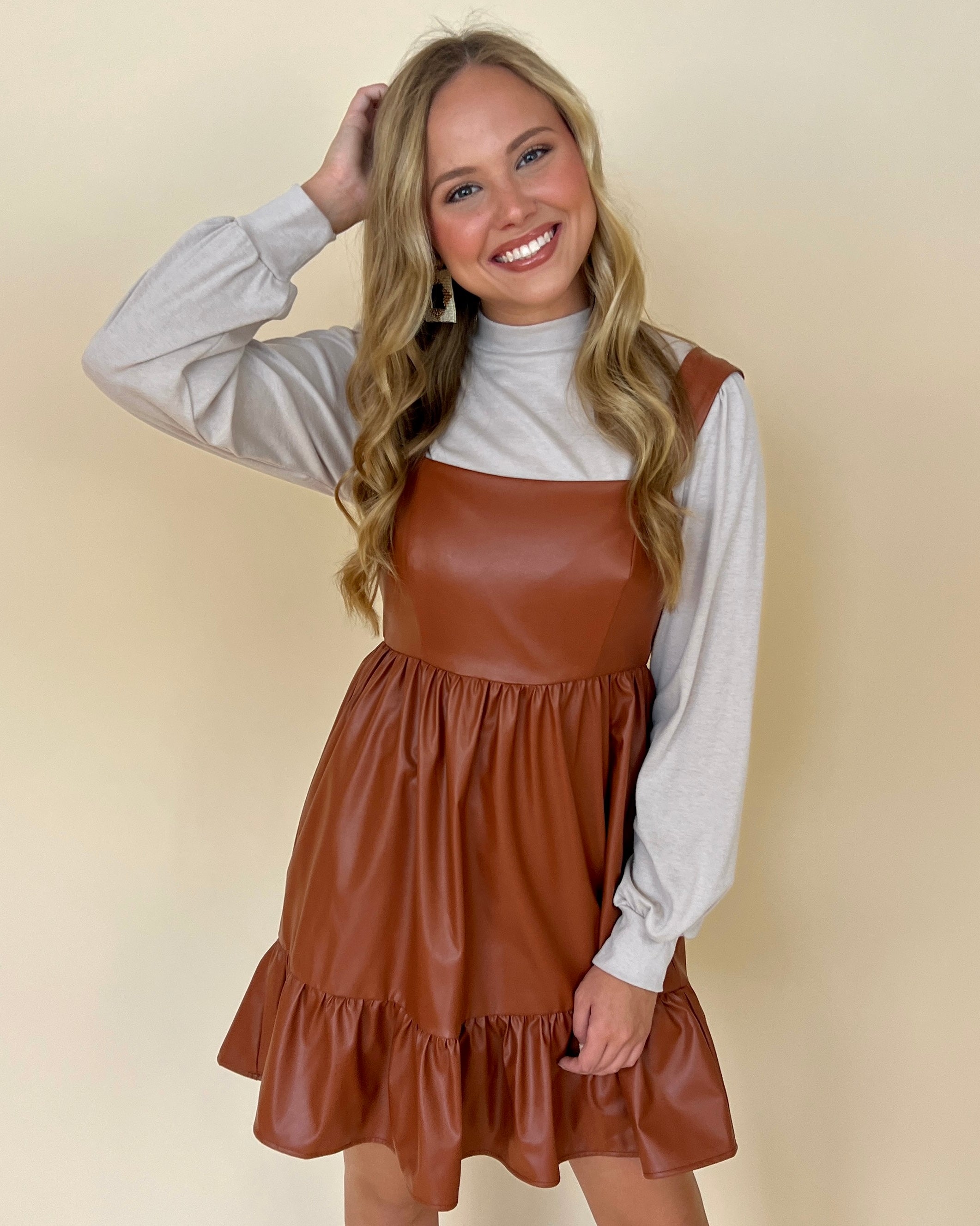 Too Good Camel Faux Leather Ruffle Dress-Shop-Womens-Boutique-Clothing