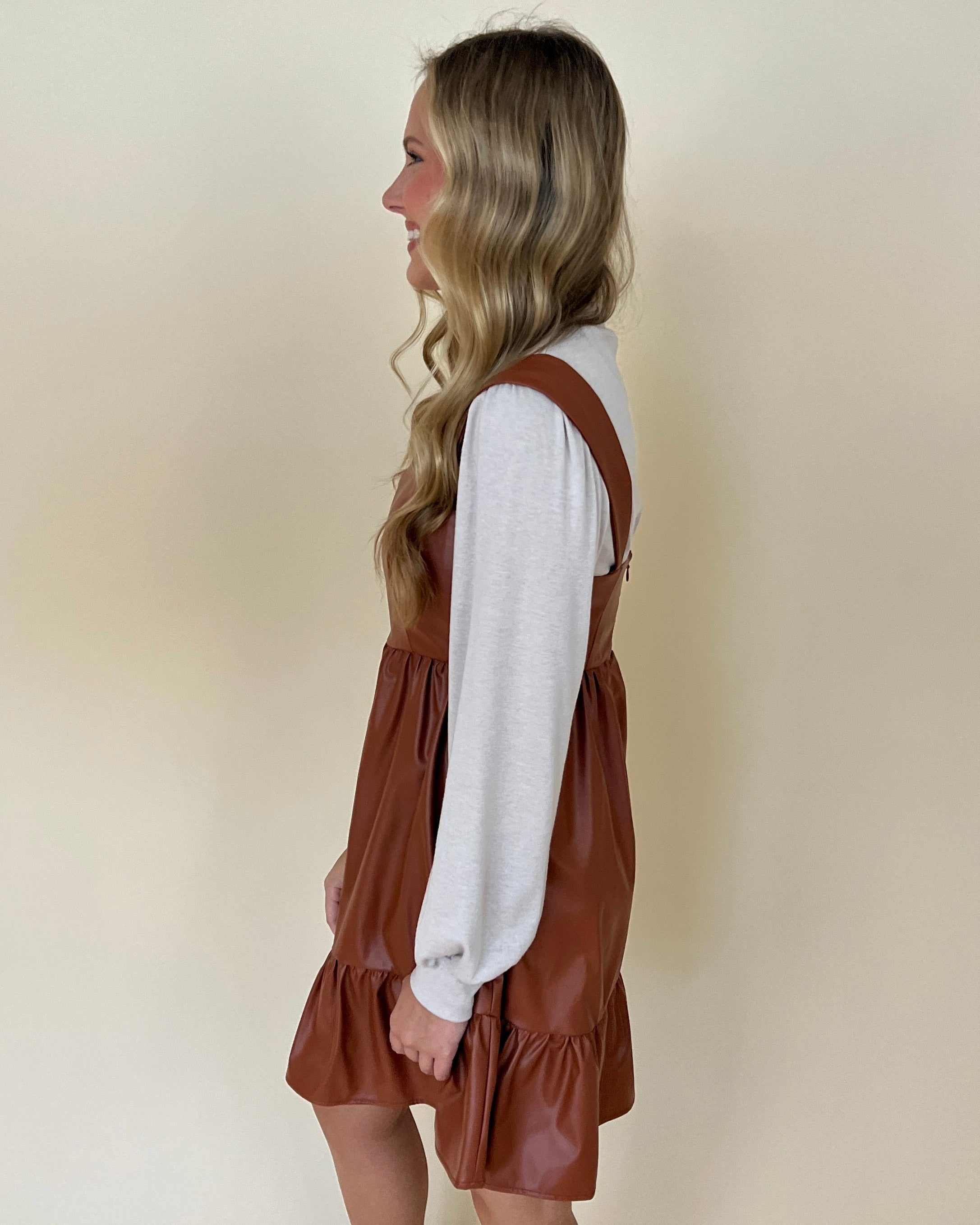 Too Good Camel Faux Leather Ruffle Dress-Shop-Womens-Boutique-Clothing