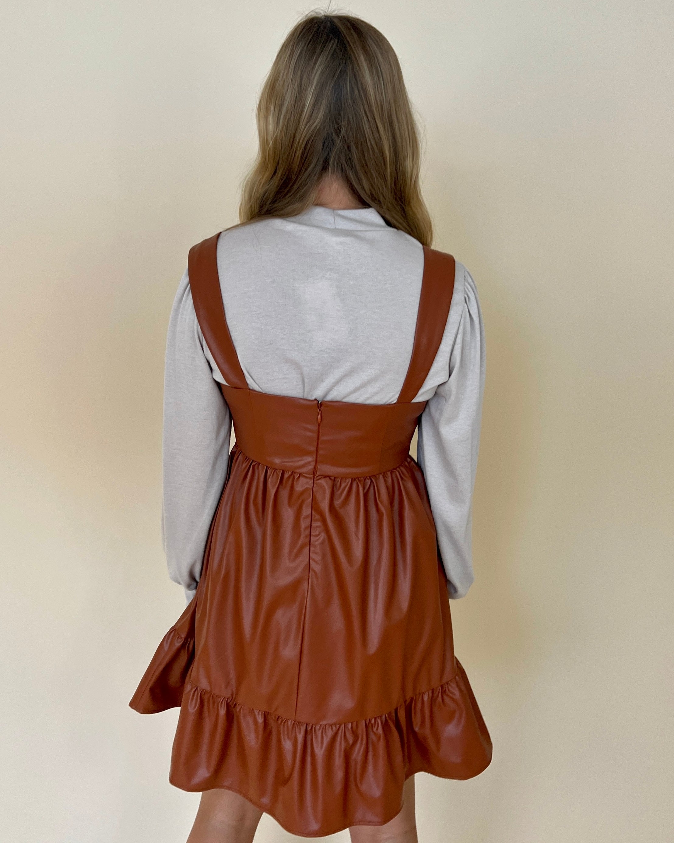 Too Good Camel Faux Leather Ruffle Dress-Shop-Womens-Boutique-Clothing