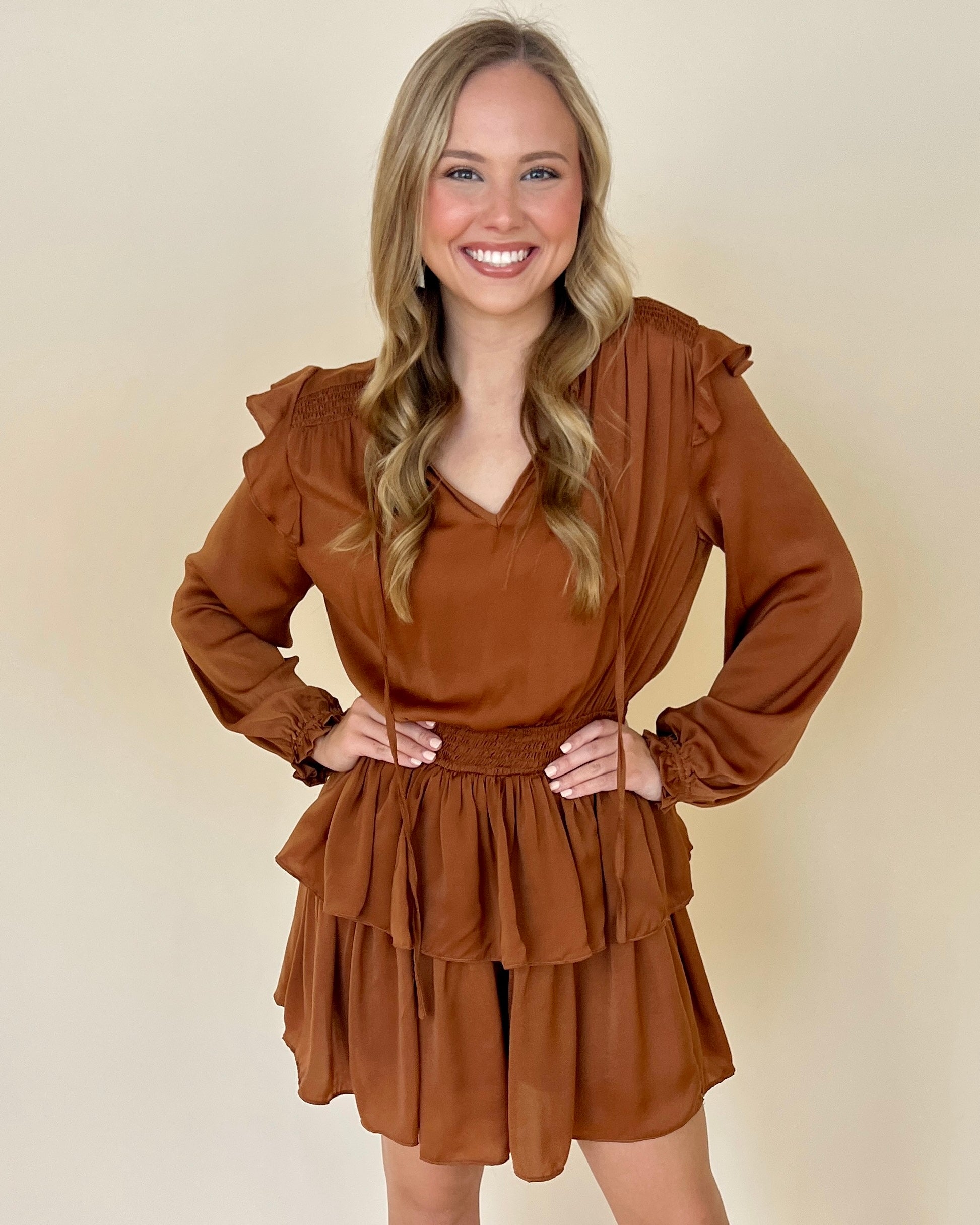 Fall Nights Camel Satin Smocked Ruffle Dress-Shop-Womens-Boutique-Clothing