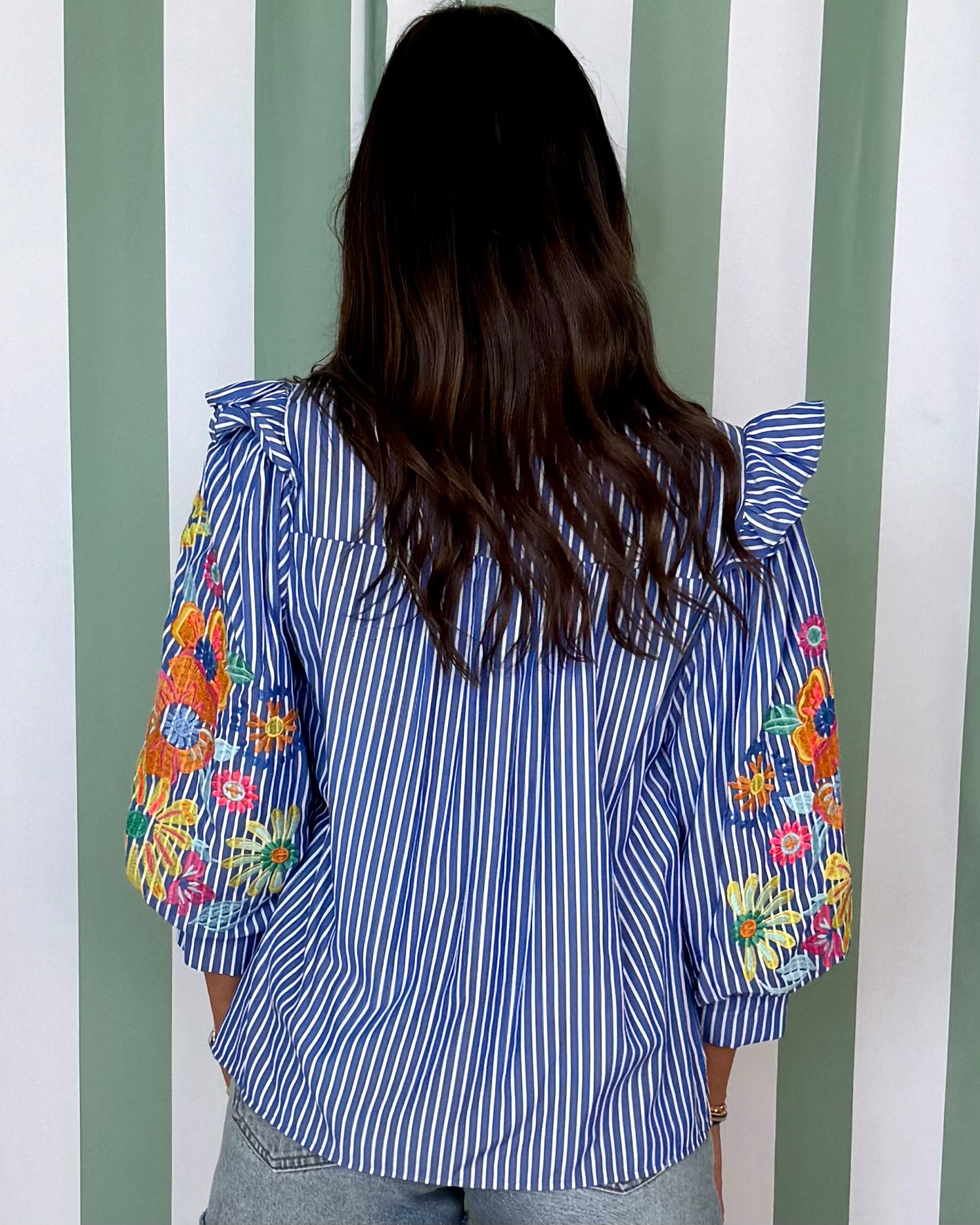Copy That Denim Striped Embroidered Top-Shop-Womens-Boutique-Clothing