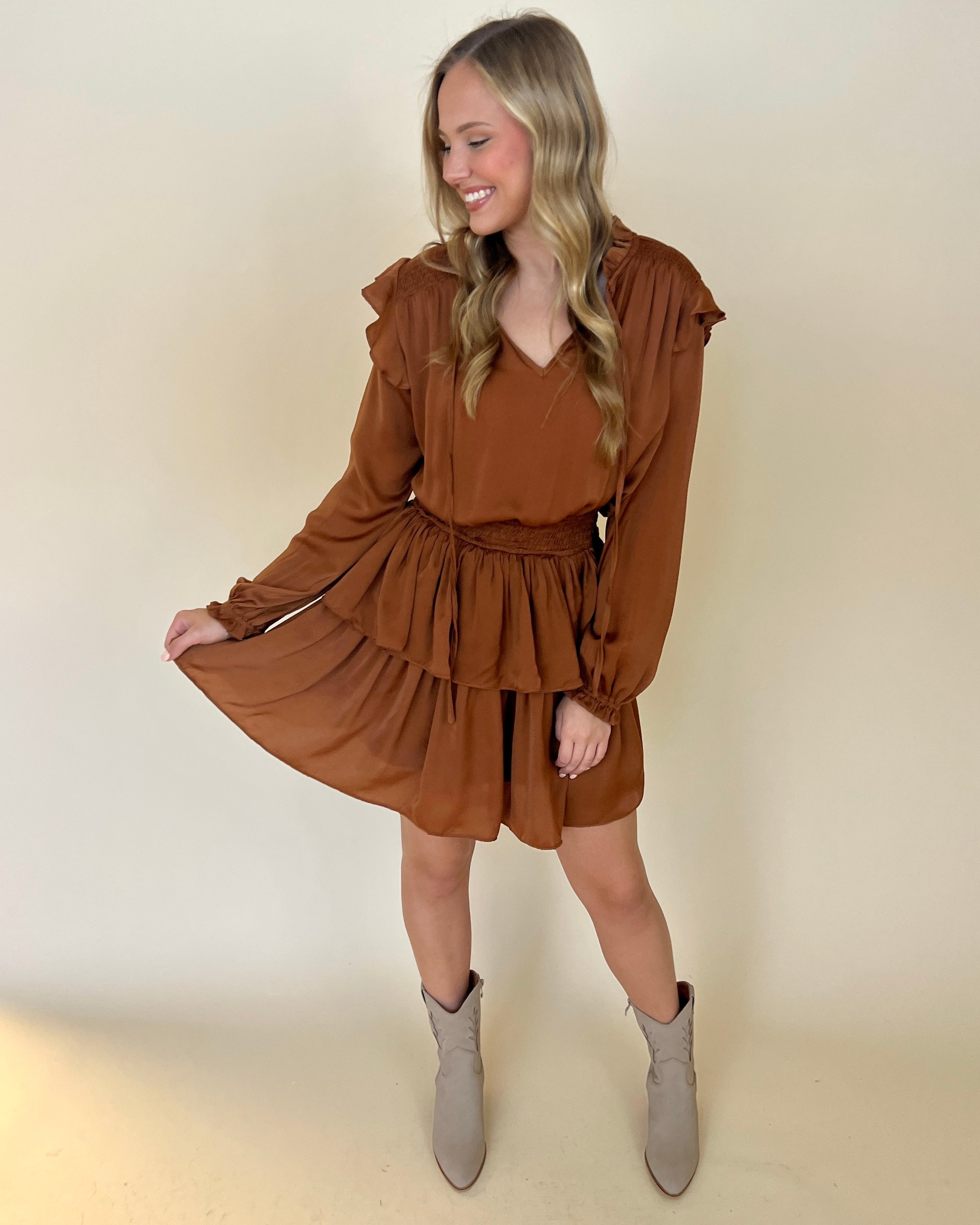 Fall Nights Camel Satin Smocked Ruffle Dress-Shop-Womens-Boutique-Clothing