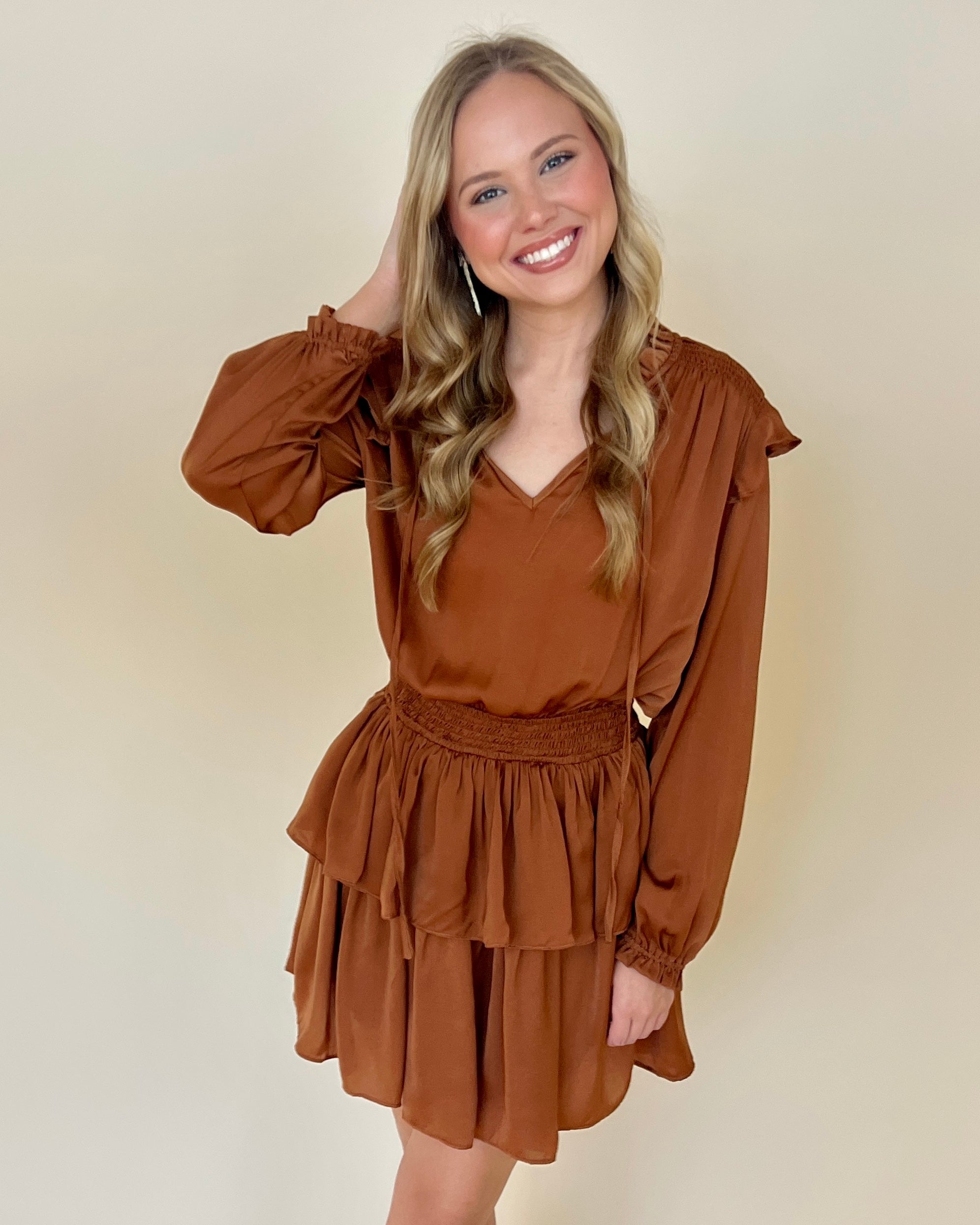 Fall Nights Camel Satin Smocked Ruffle Dress-Shop-Womens-Boutique-Clothing
