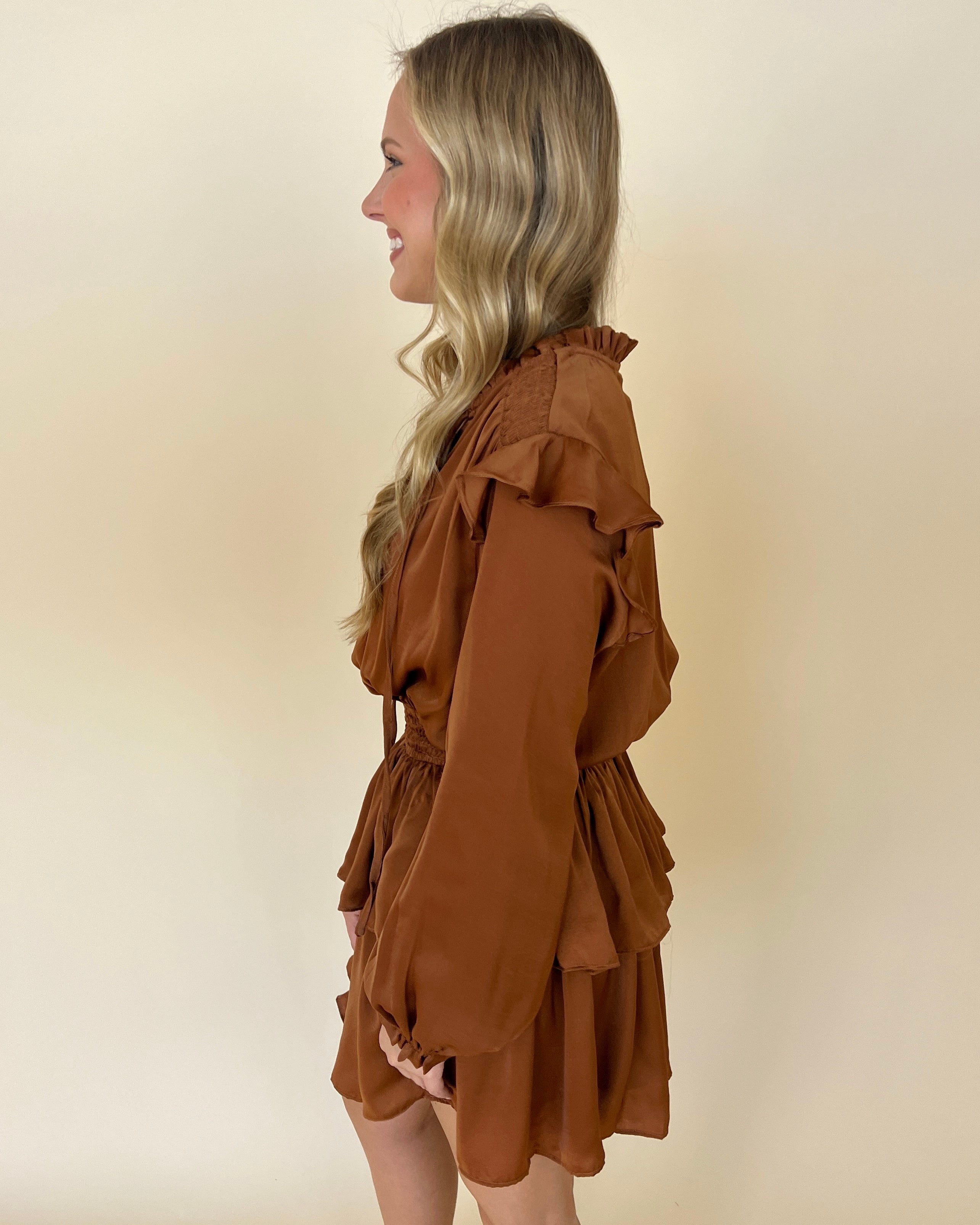 Fall Nights Camel Satin Smocked Ruffle Dress-Shop-Womens-Boutique-Clothing