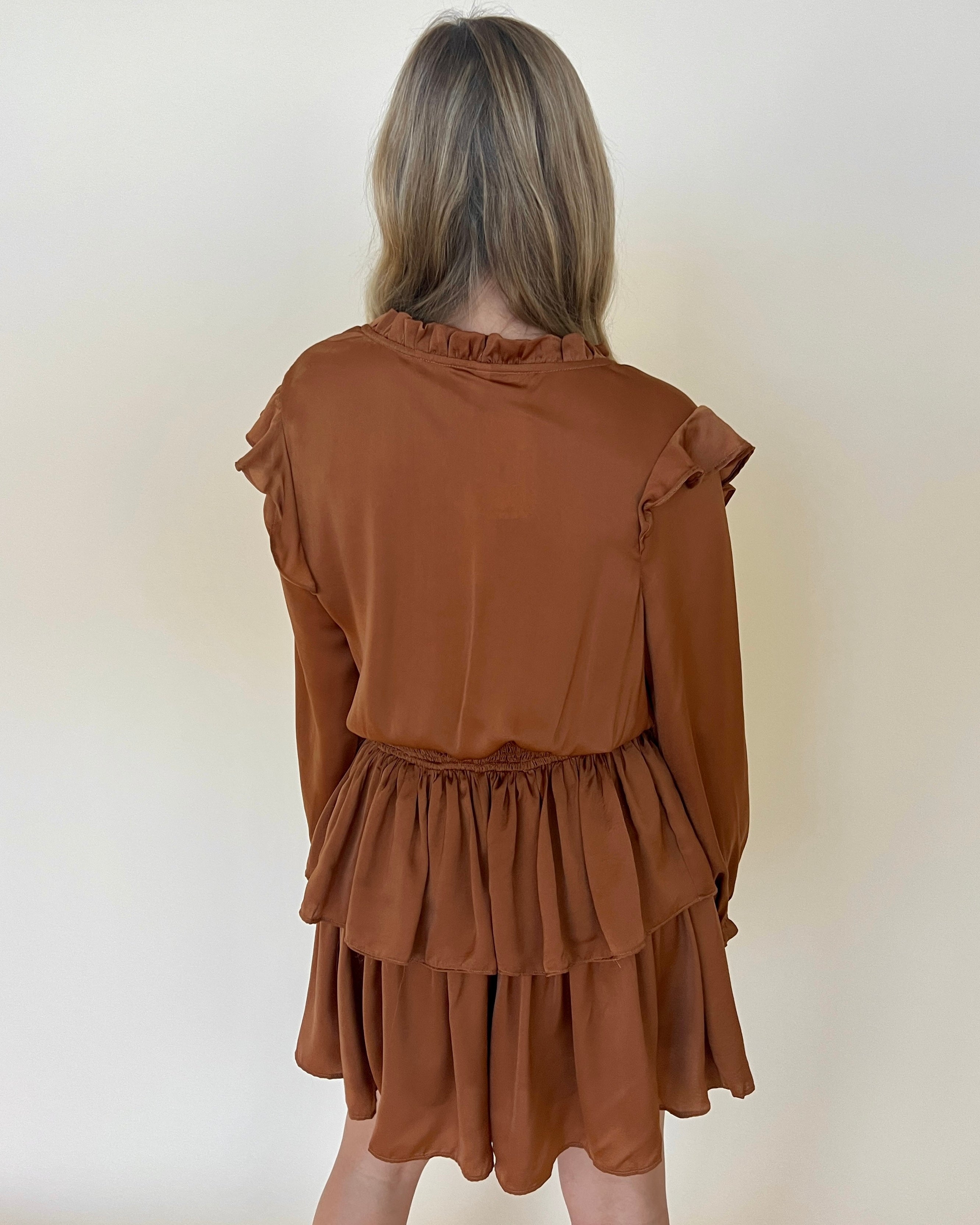 Fall Nights Camel Satin Smocked Ruffle Dress-Shop-Womens-Boutique-Clothing
