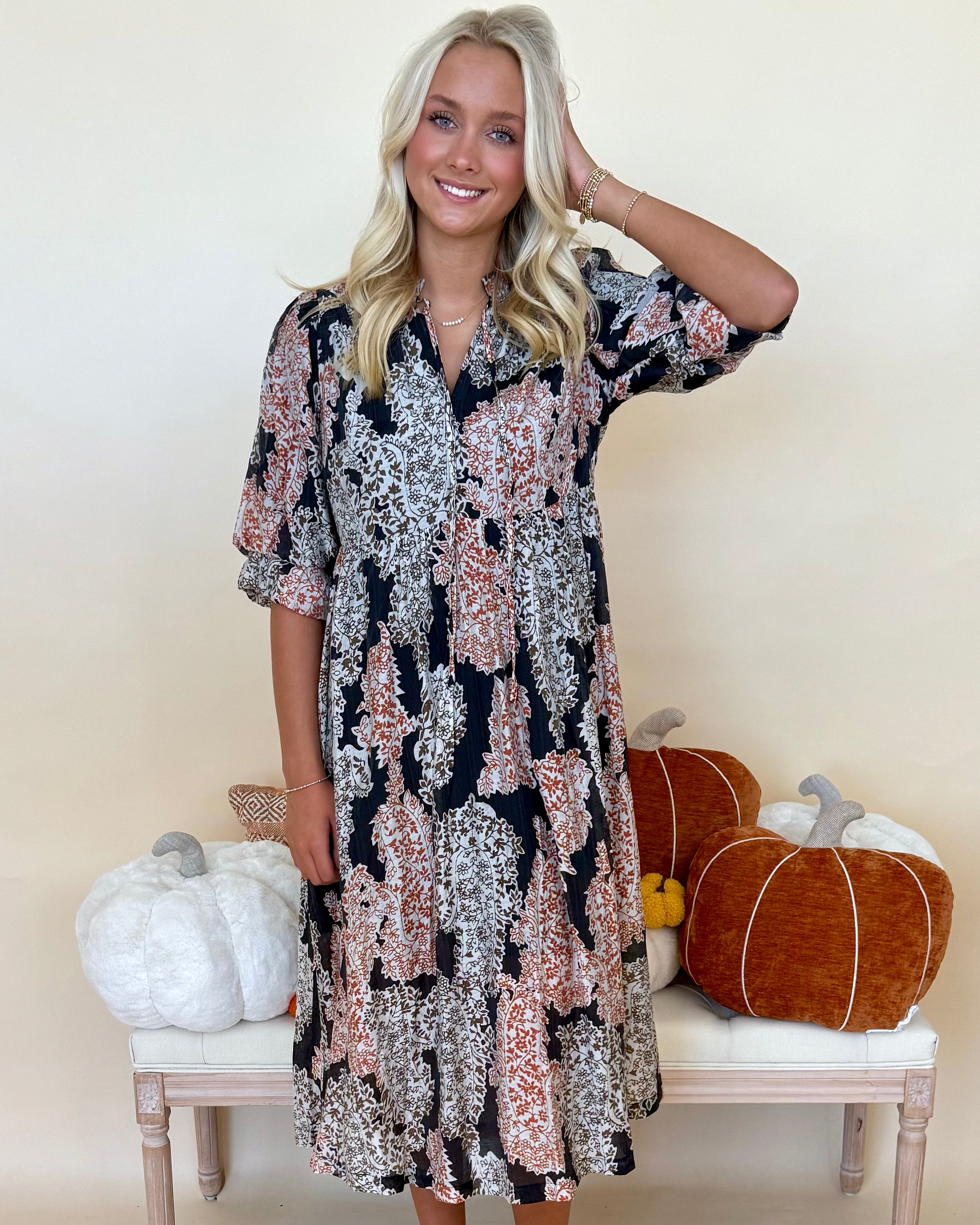 All For Joy Black Print Tie Midi Dress-Shop-Womens-Boutique-Clothing