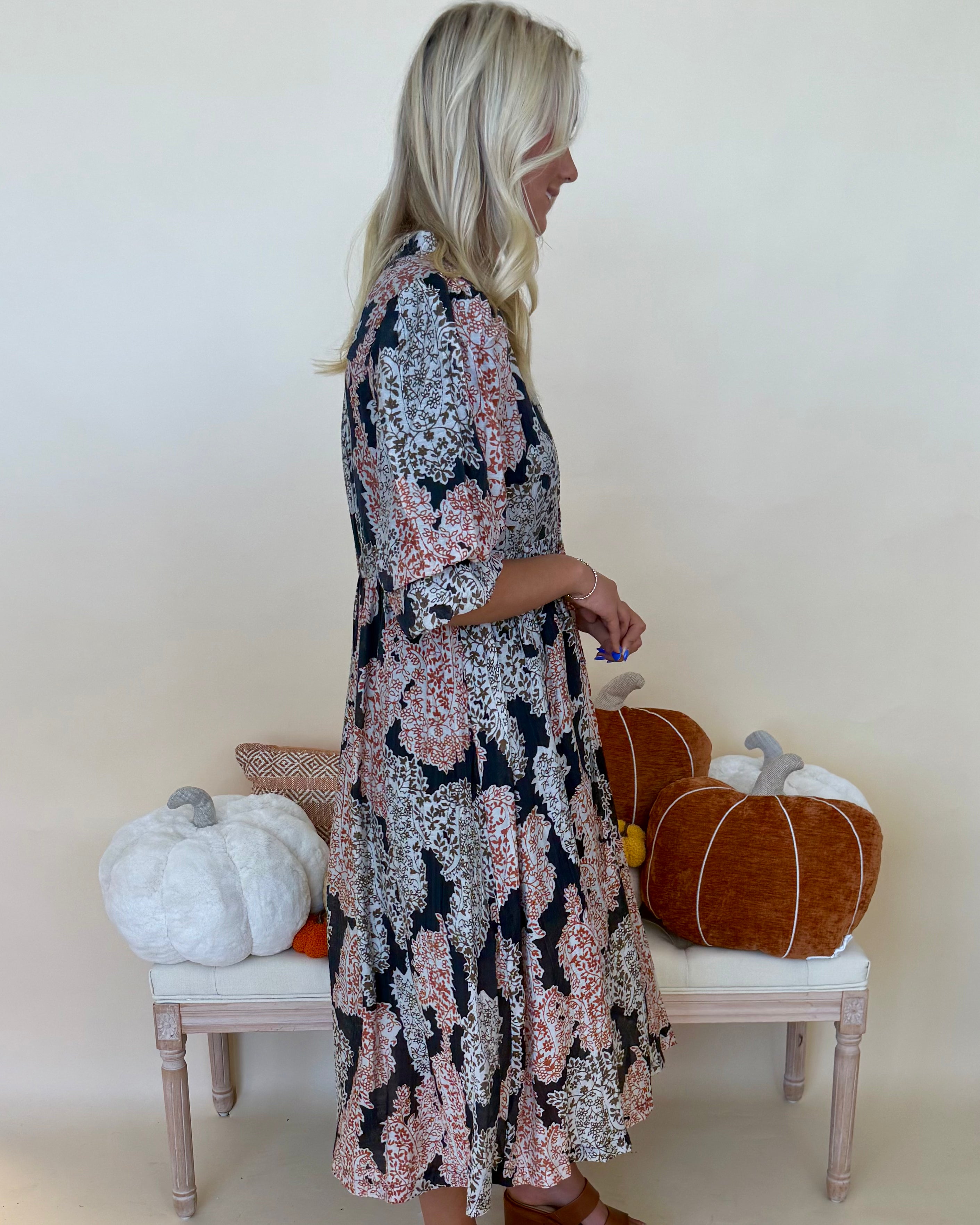 All For Joy Black Print Tie Midi Dress-Shop-Womens-Boutique-Clothing