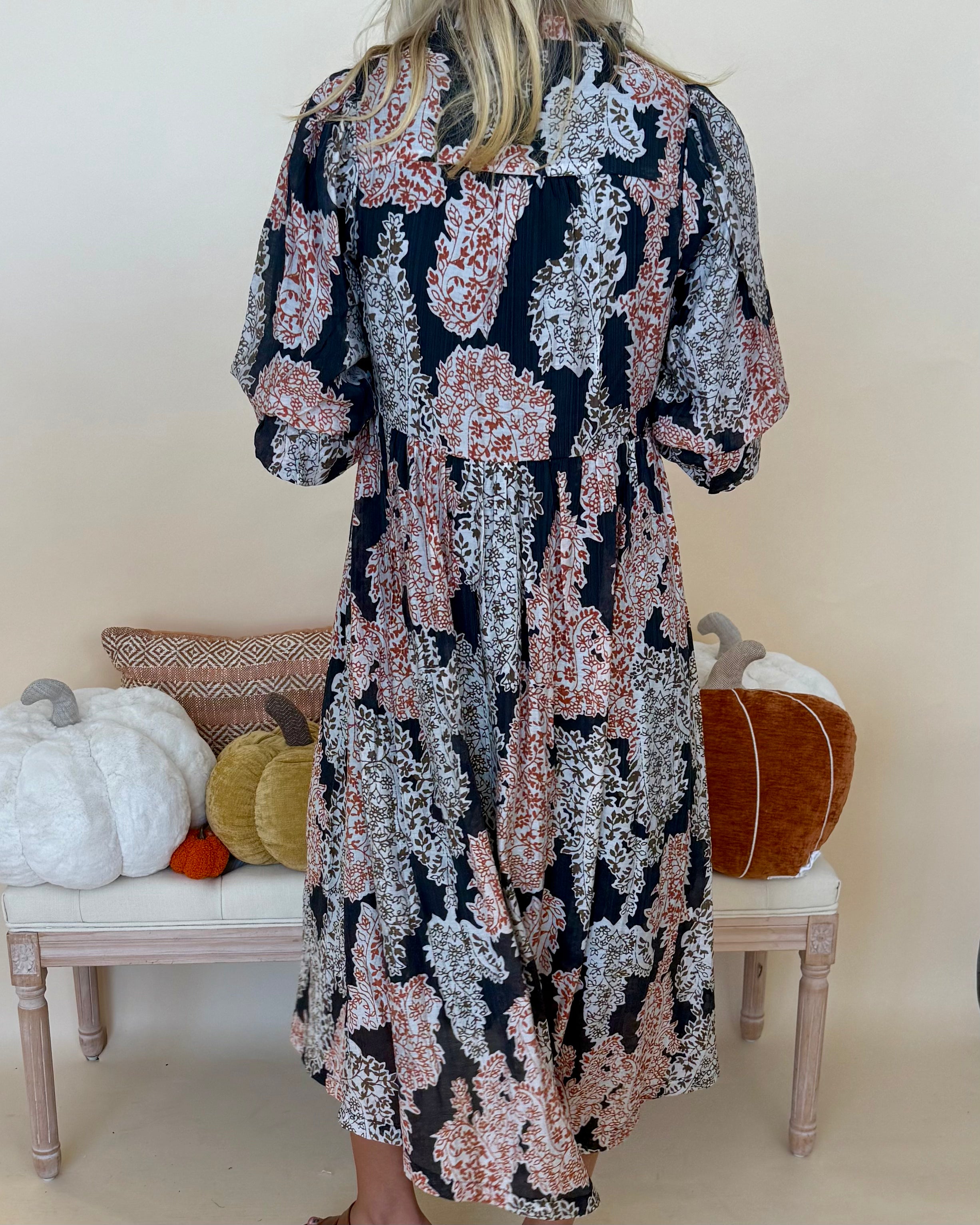 All For Joy Black Print Tie Midi Dress-Shop-Womens-Boutique-Clothing