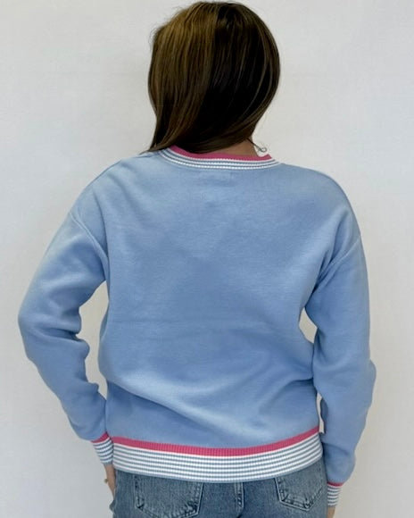 Simple Classic Lt Blue Striped Trim Sweater-Shop-Womens-Boutique-Clothing