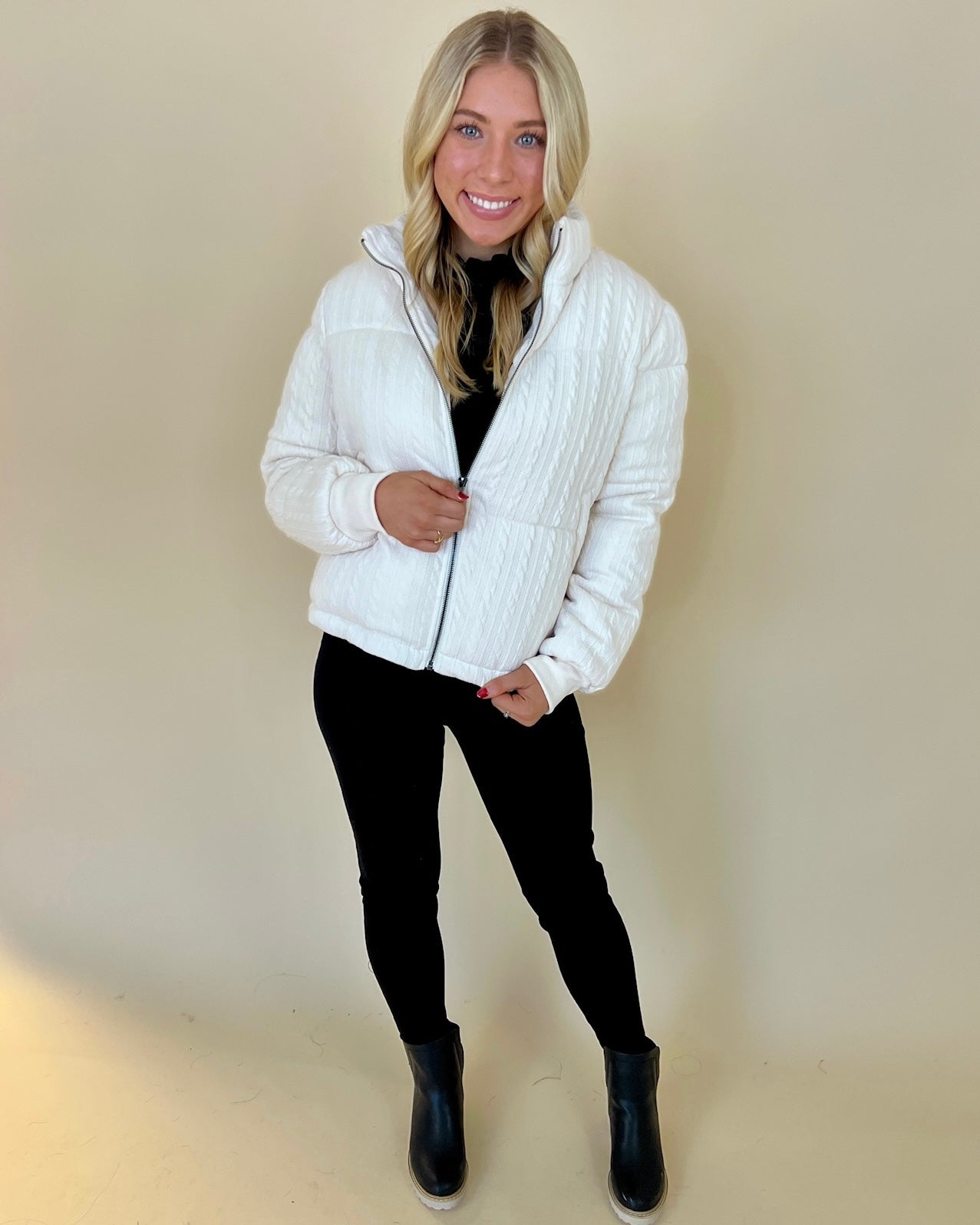 Winter Ridges Ivory Cable Knit Puffer-Shop-Womens-Boutique-Clothing