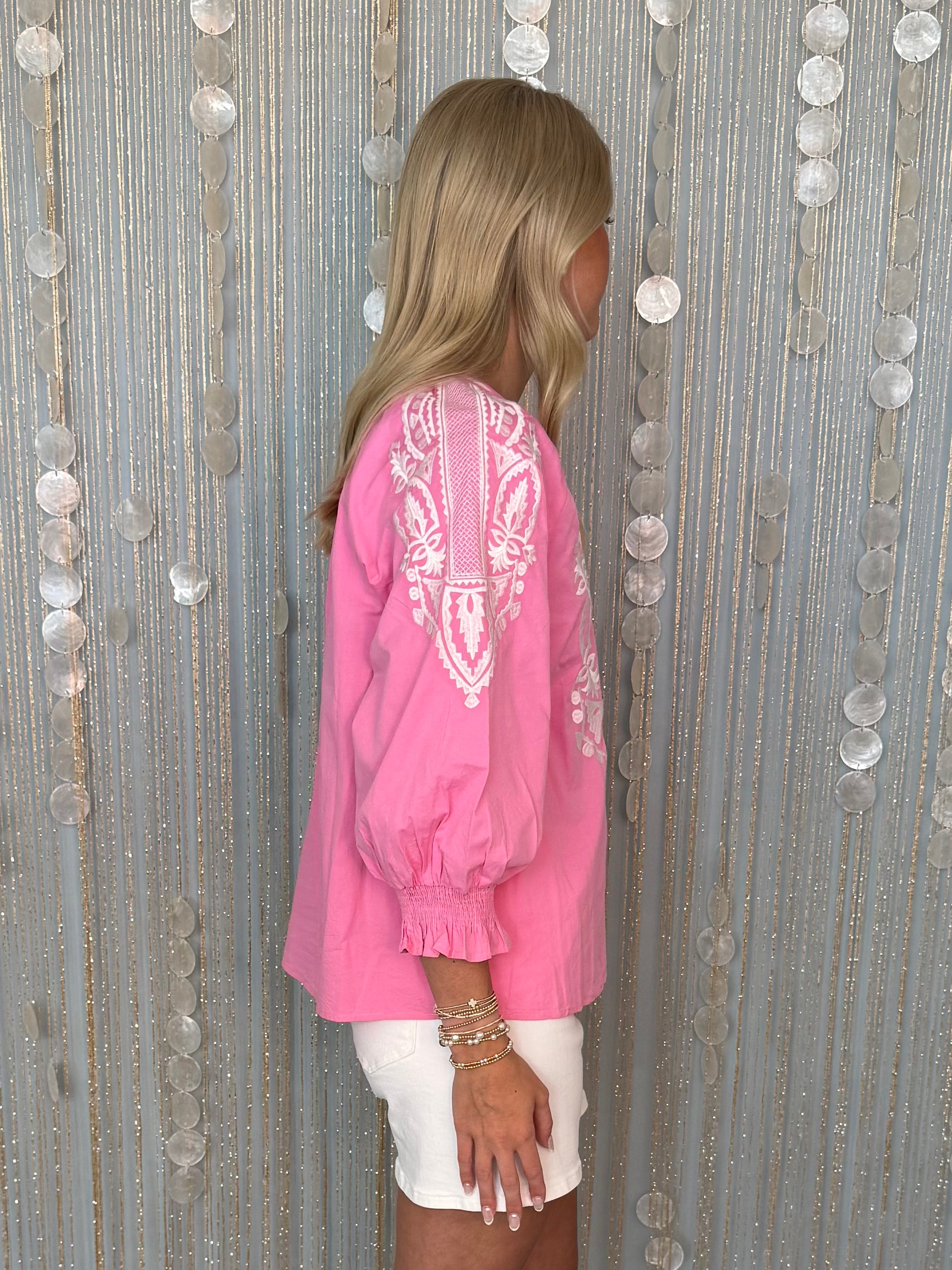 Couldn't Resist Bubble Gum Front Applique 3/4 Sleeve Top-Shop-Womens-Boutique-Clothing