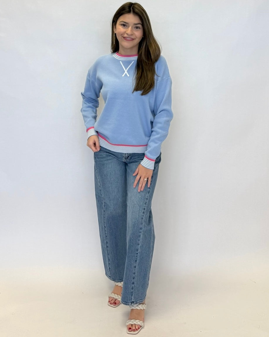 Simple Classic Lt Blue Striped Trim Sweater-Shop-Womens-Boutique-Clothing