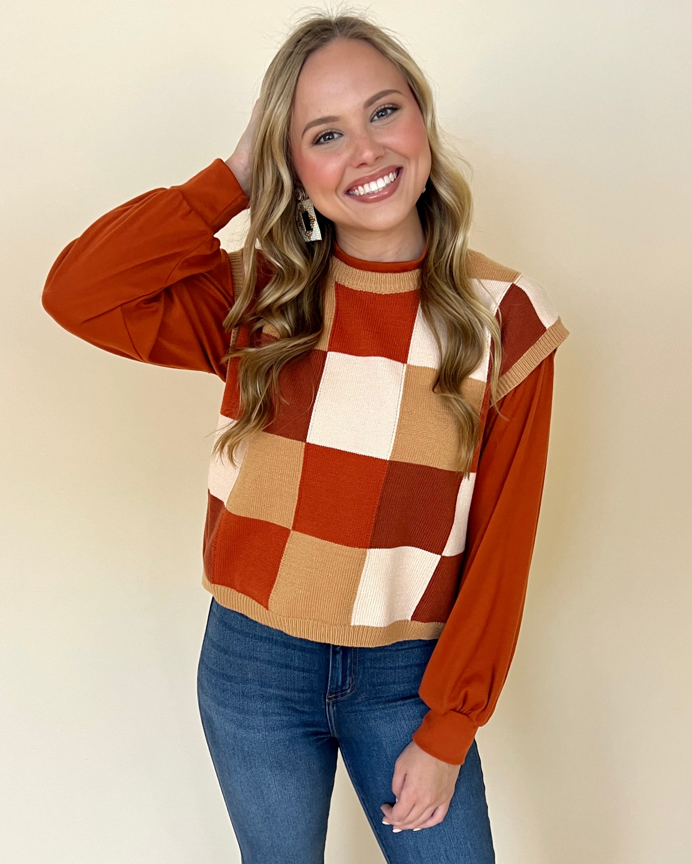 Looking For You Brown Multi Checkered Sweater-Shop-Womens-Boutique-Clothing