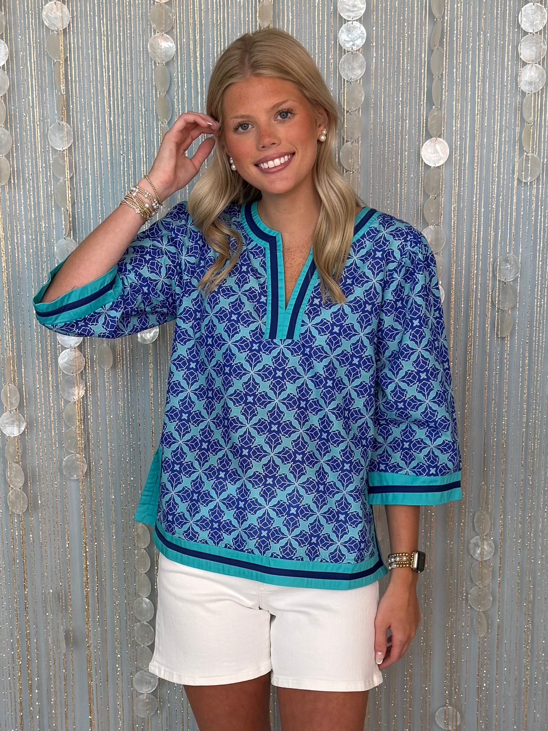 Coastal Ease Royal Mix Medallion Print Top-Shop-Womens-Boutique-Clothing